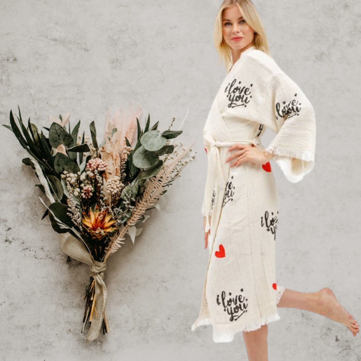 Hand-Made Block Print Love Design Turkish Towel Kimono Robe Kaftan