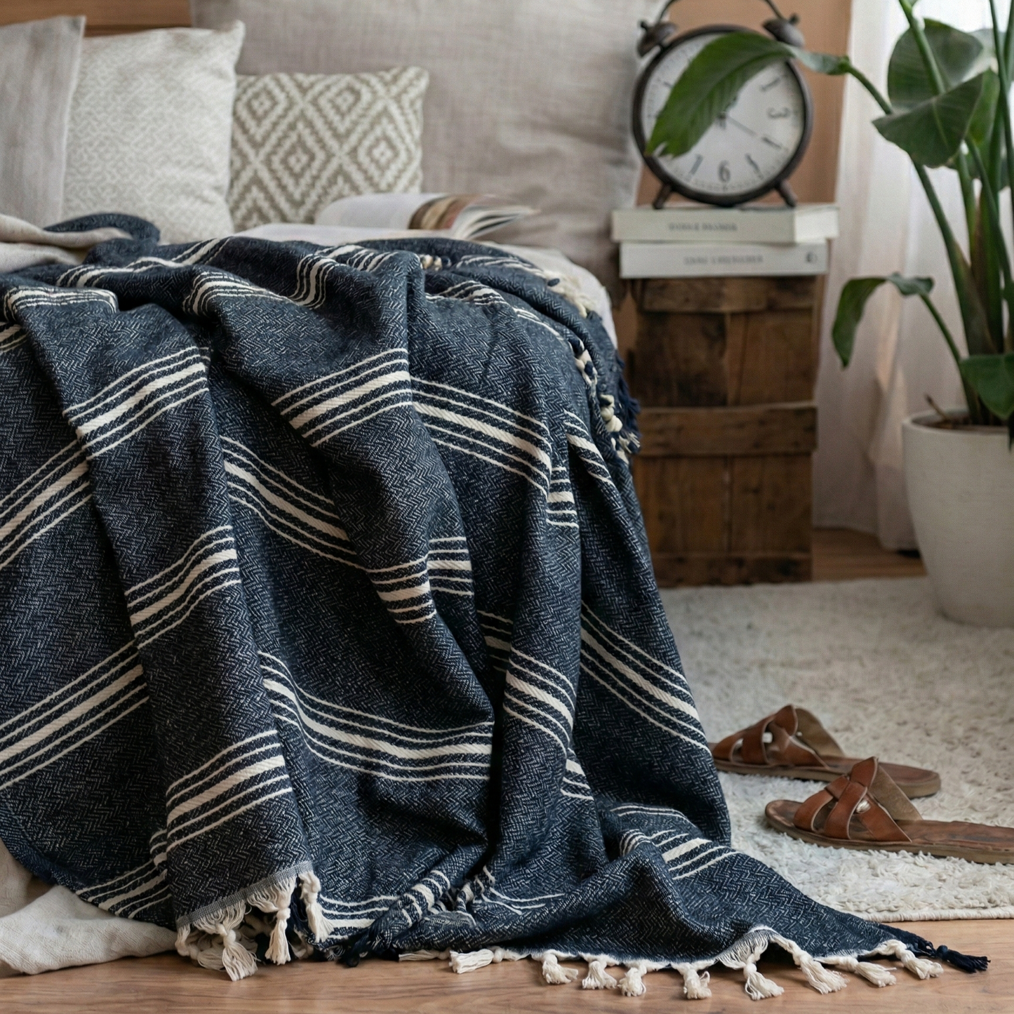 Anatolia Navy Natural Cotton Throw Blanket