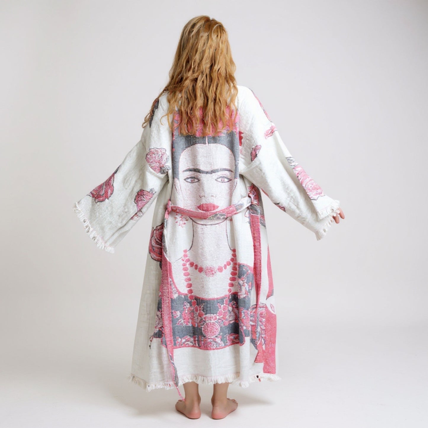 Frida Design Turkish Towel Kimono Robe by Derviş Textiles – handwoven natural cotton, artisan block print, sustainable unisex kimono robe
