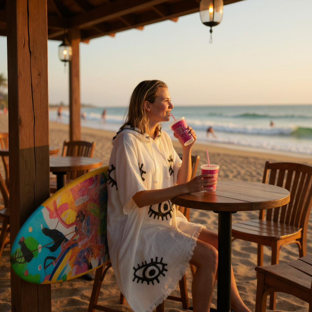 A person wearing a unisex, one-size-fits-all Turkish towel surf poncho. The poncho is hand-woven from natural ecru cotton and features intricate, hand-printed black Evil Eye patterns, printed in natural dyes. The poncho is versatile, used as a cover-up or a dress.