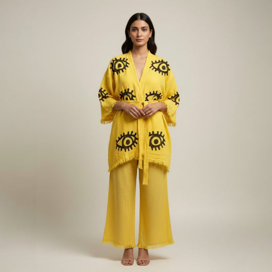 Evil Eye Yellow Kimono & Pants Set – Handwoven Natural Cotton