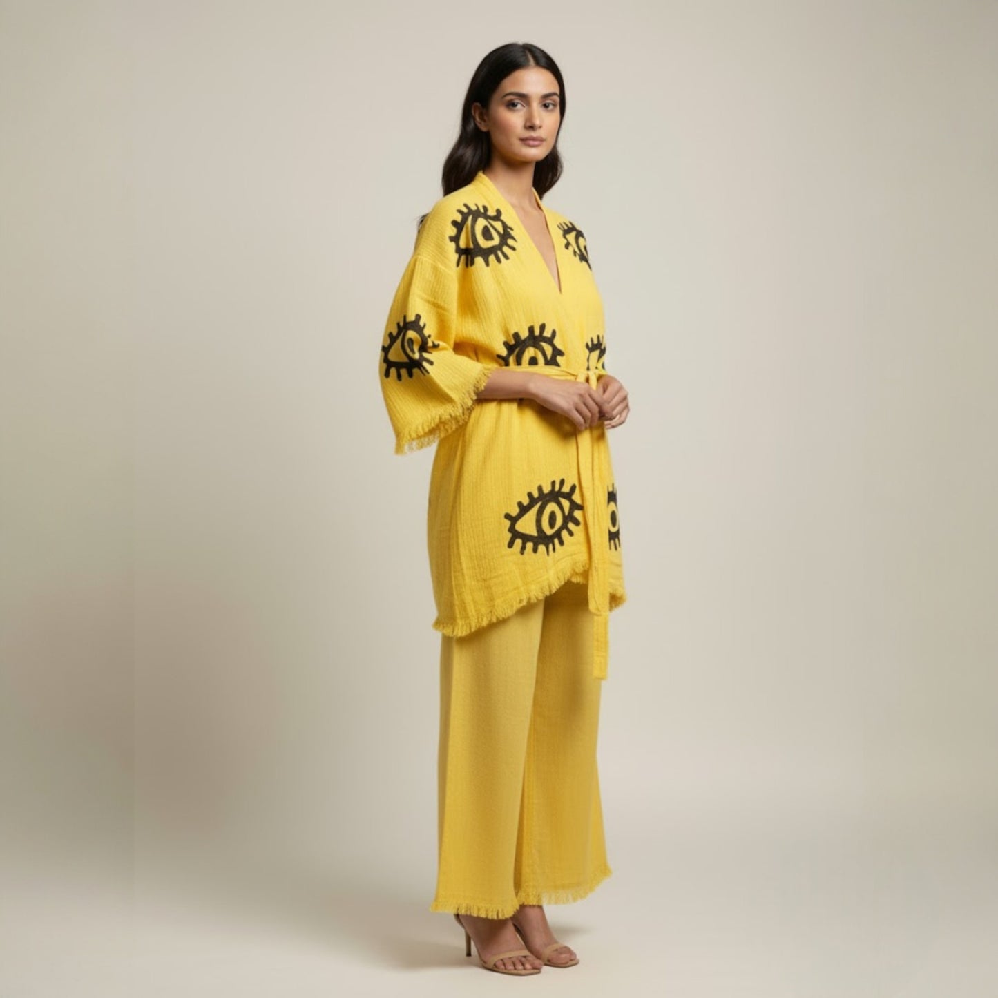 Evil Eye Yellow Kimono & Pants Set – Handwoven Natural Cotton