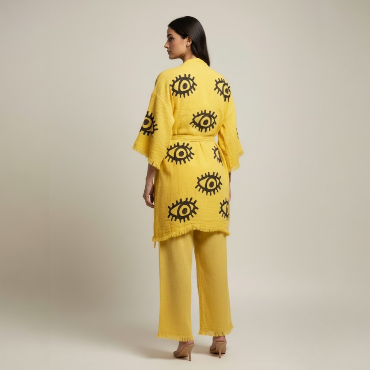 Evil Eye Yellow Kimono & Pants Set – Handwoven Natural Cotton