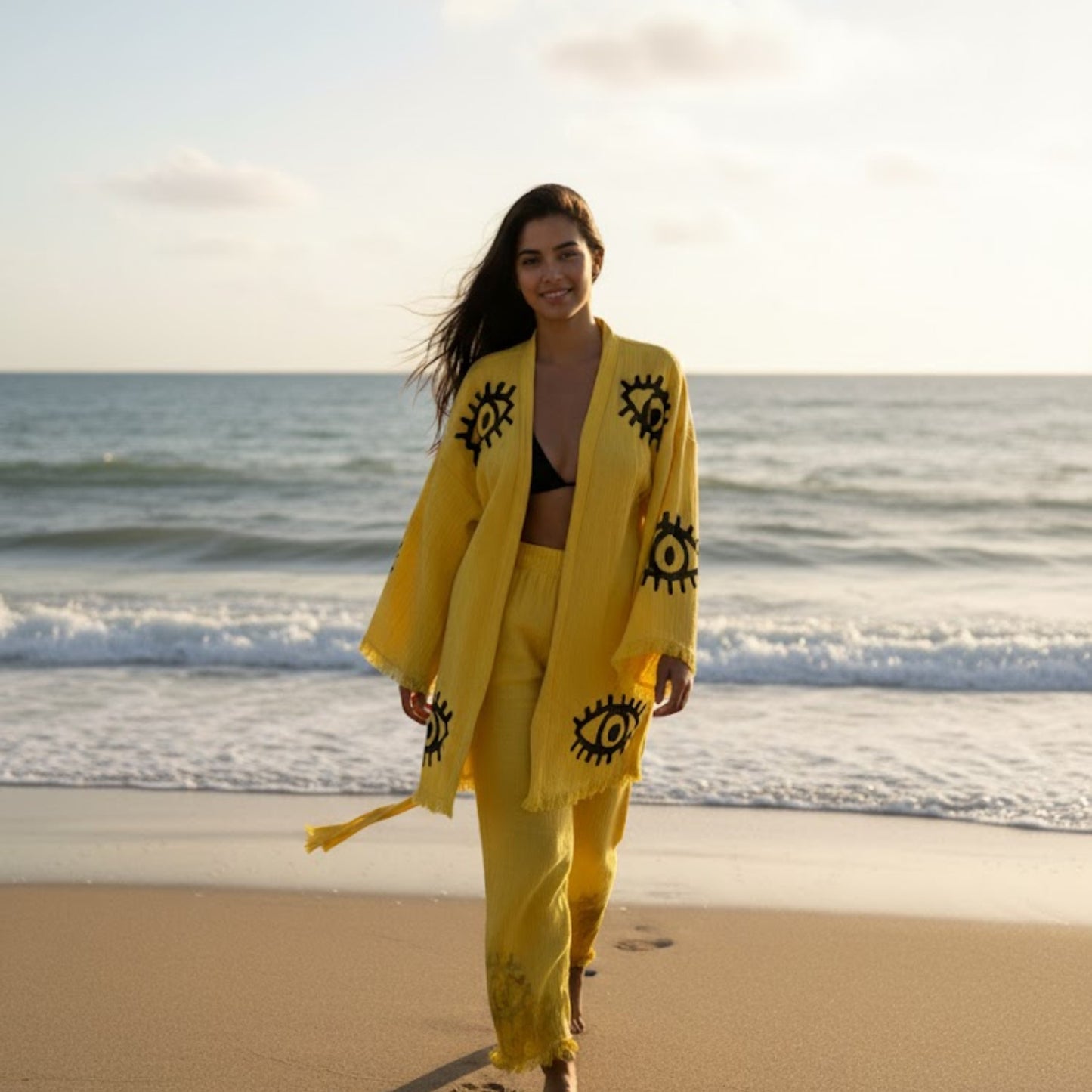 Evil Eye Yellow Kimono & Pants Set – Handwoven Natural Cotton