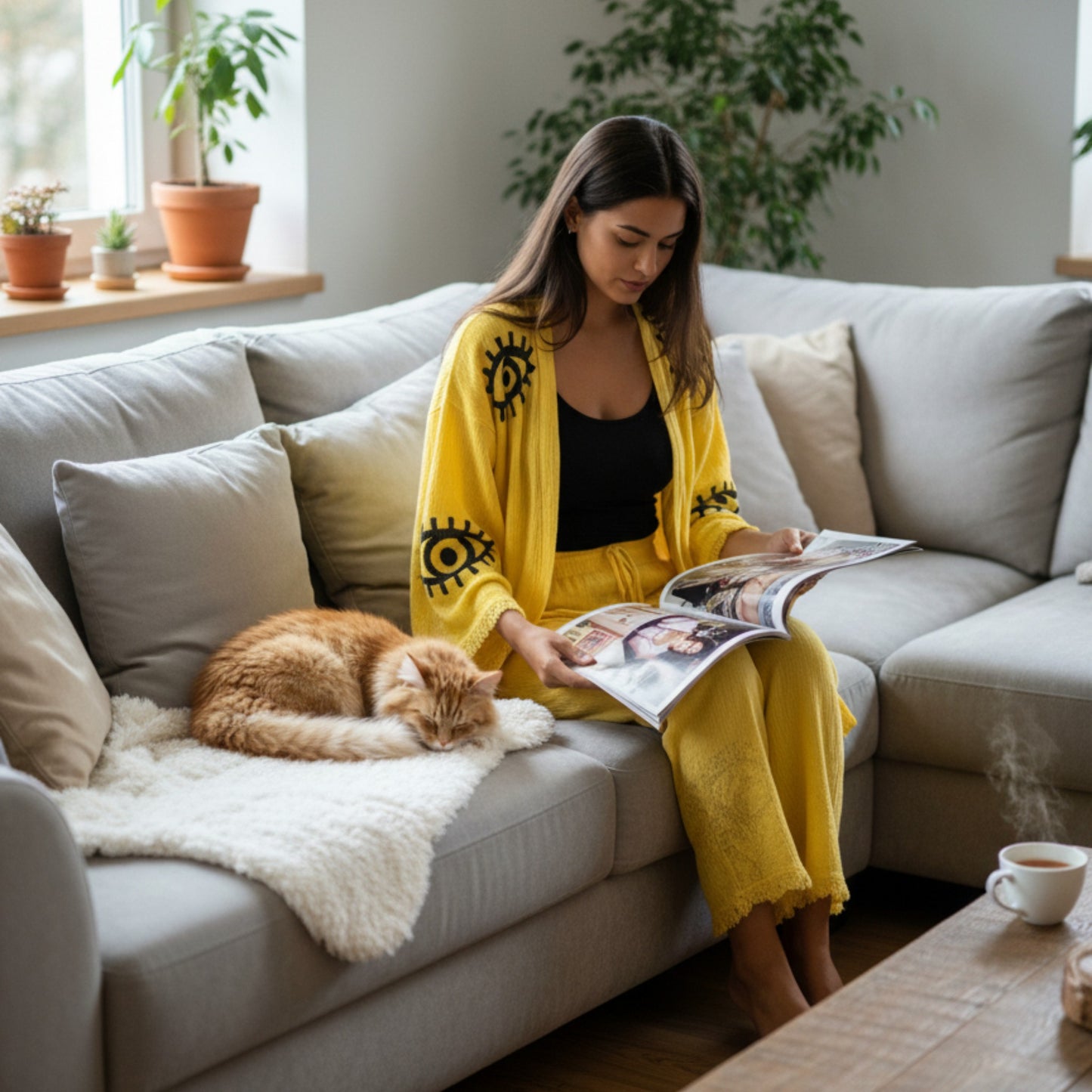 Evil Eye Yellow Kimono & Pants Set – Handwoven Natural Cotton