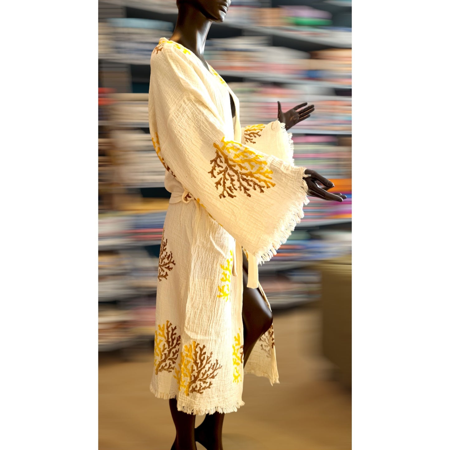Hand-Made Block Print Coral Turkish Towel Kimono Robe Kaftan