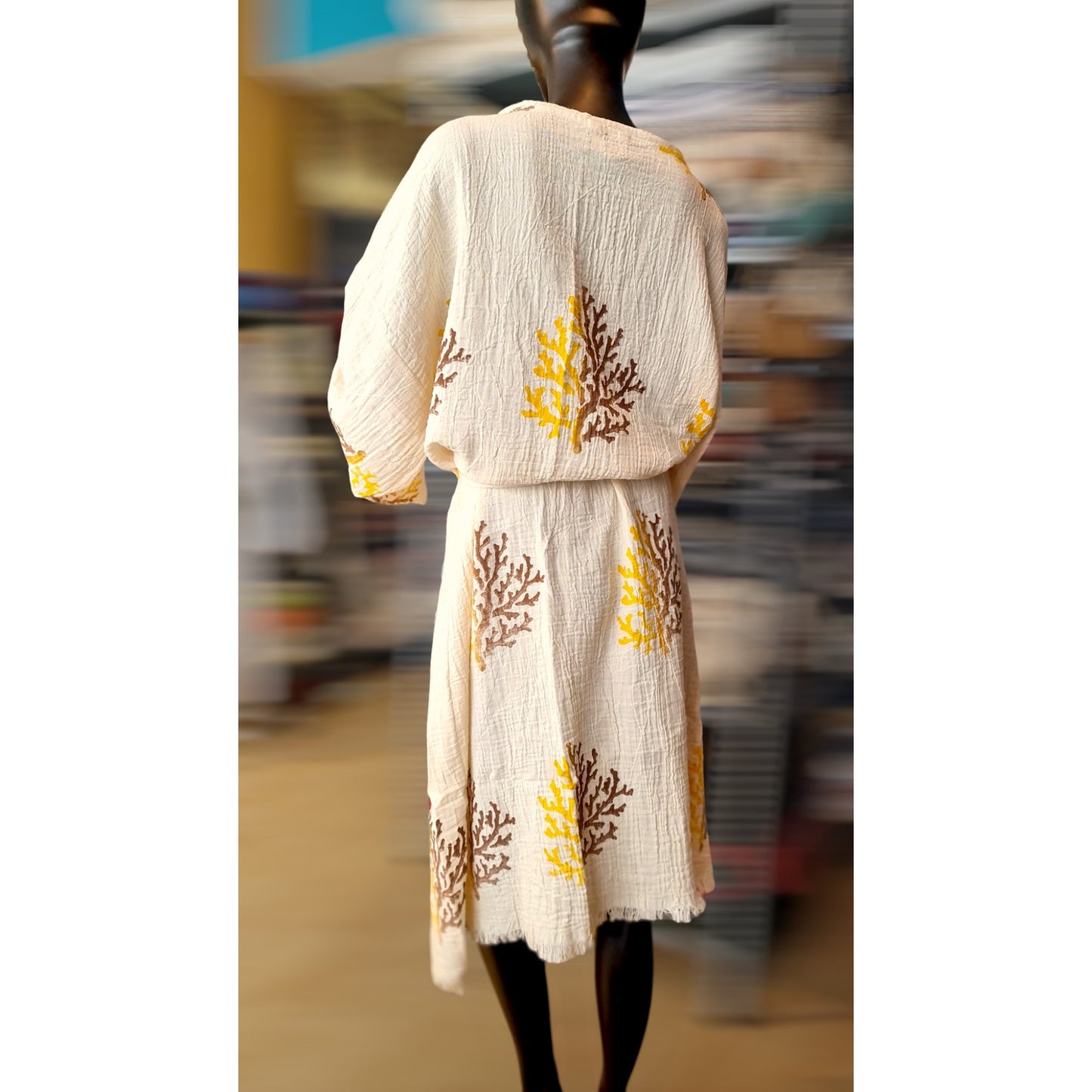 Hand-Made Block Print Coral Turkish Towel Kimono Robe Kaftan