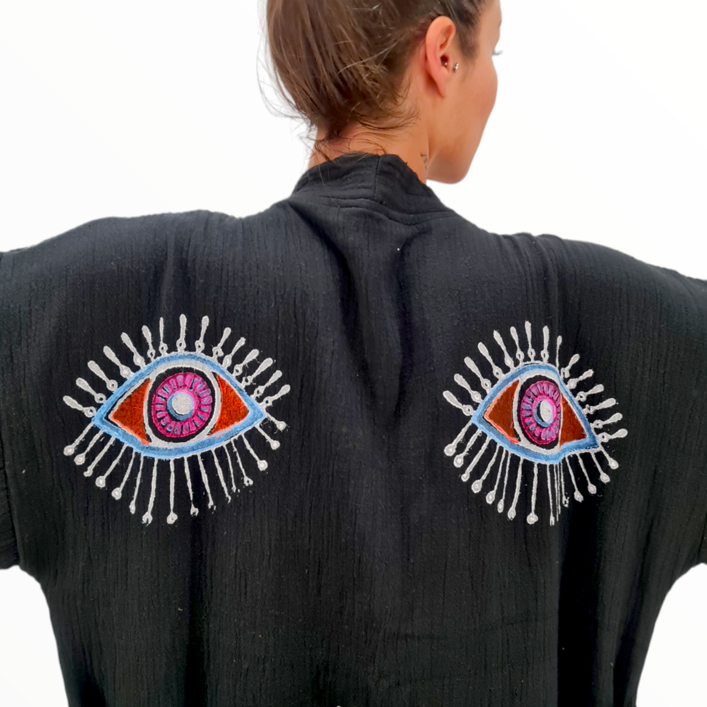 Hand-Made Block Print Evil Eye Black Kimono Robe Kaftan