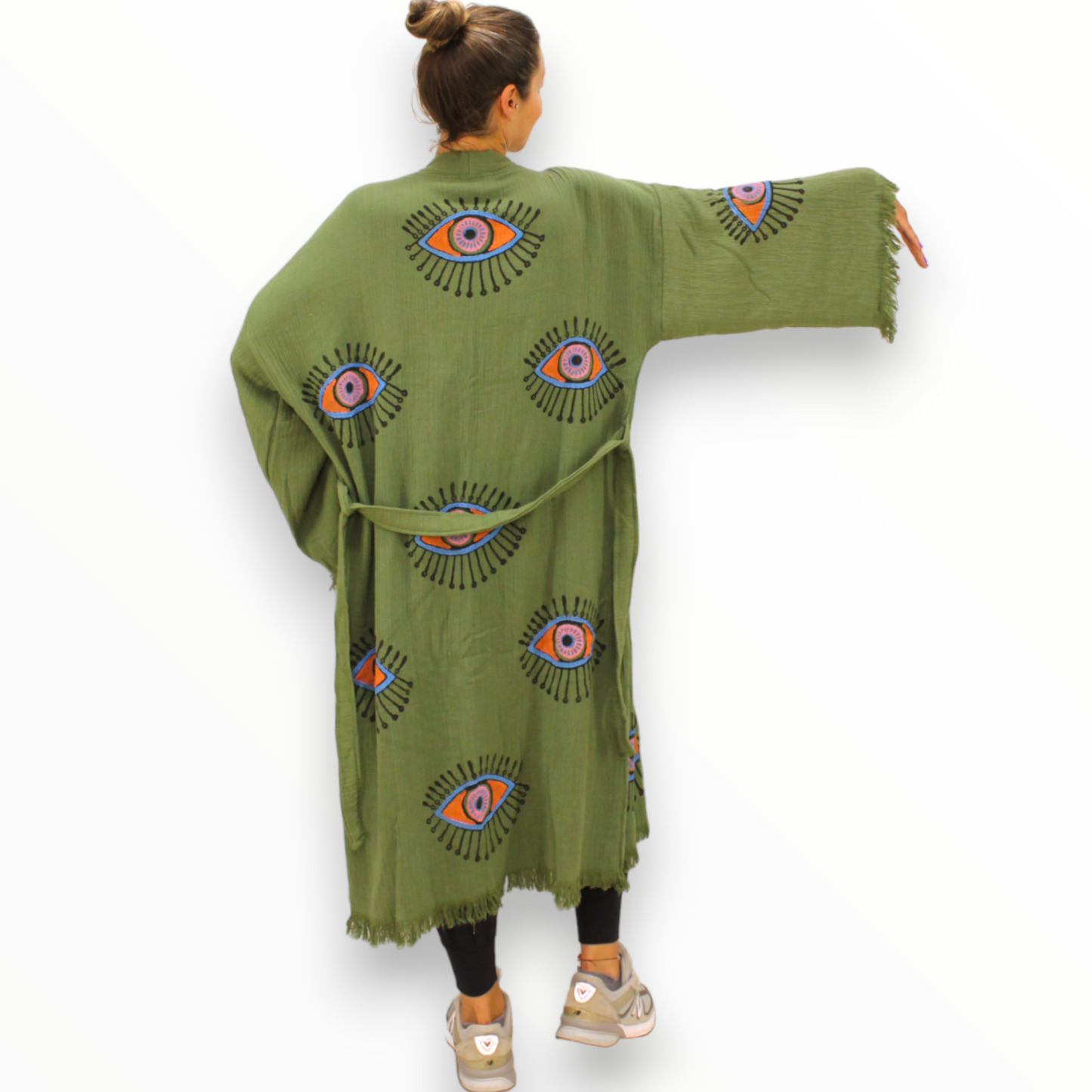 Hand-Made Block Print Evil Eye Olive Kimono Robe Kaftan