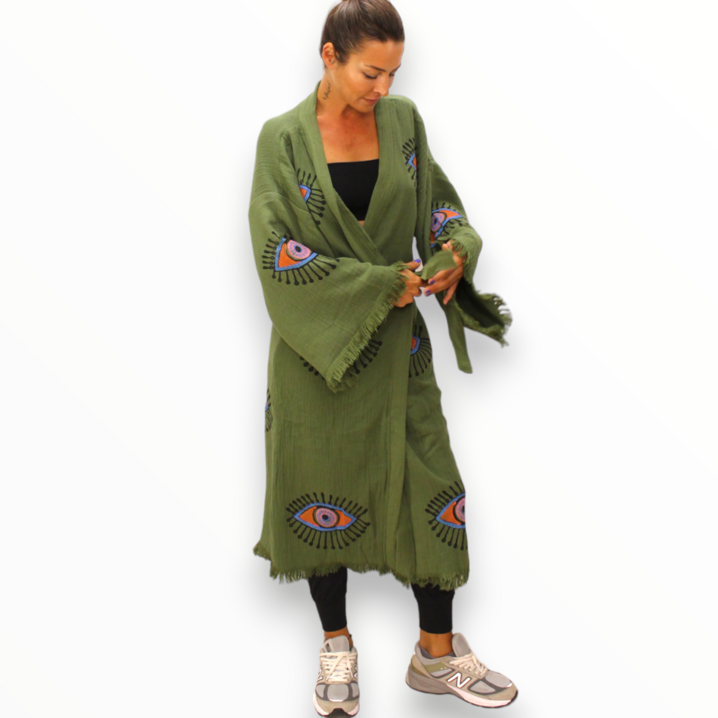 Hand-Made Block Print Evil Eye Olive Kimono Robe Kaftan