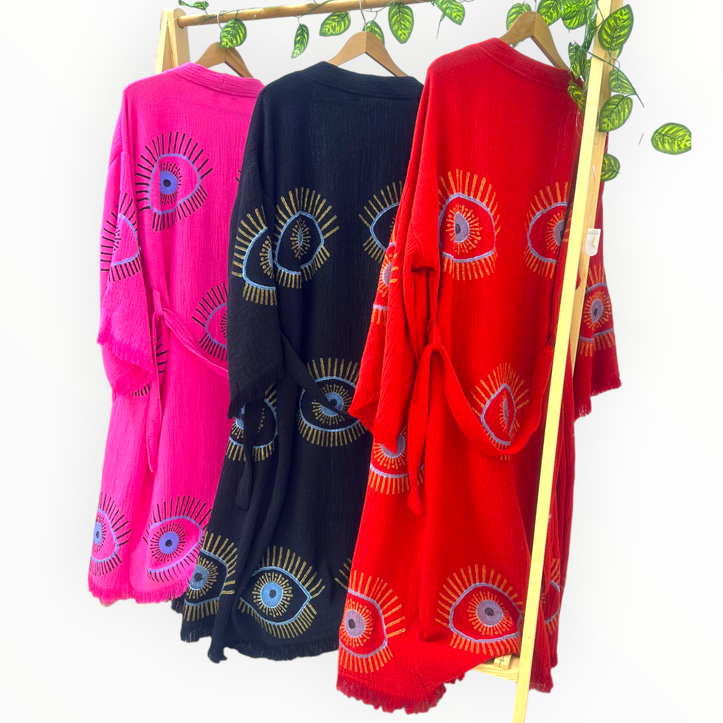 Hand-Made Block Print Evil Eye Turkish Towel Kimono Robe Kaftan