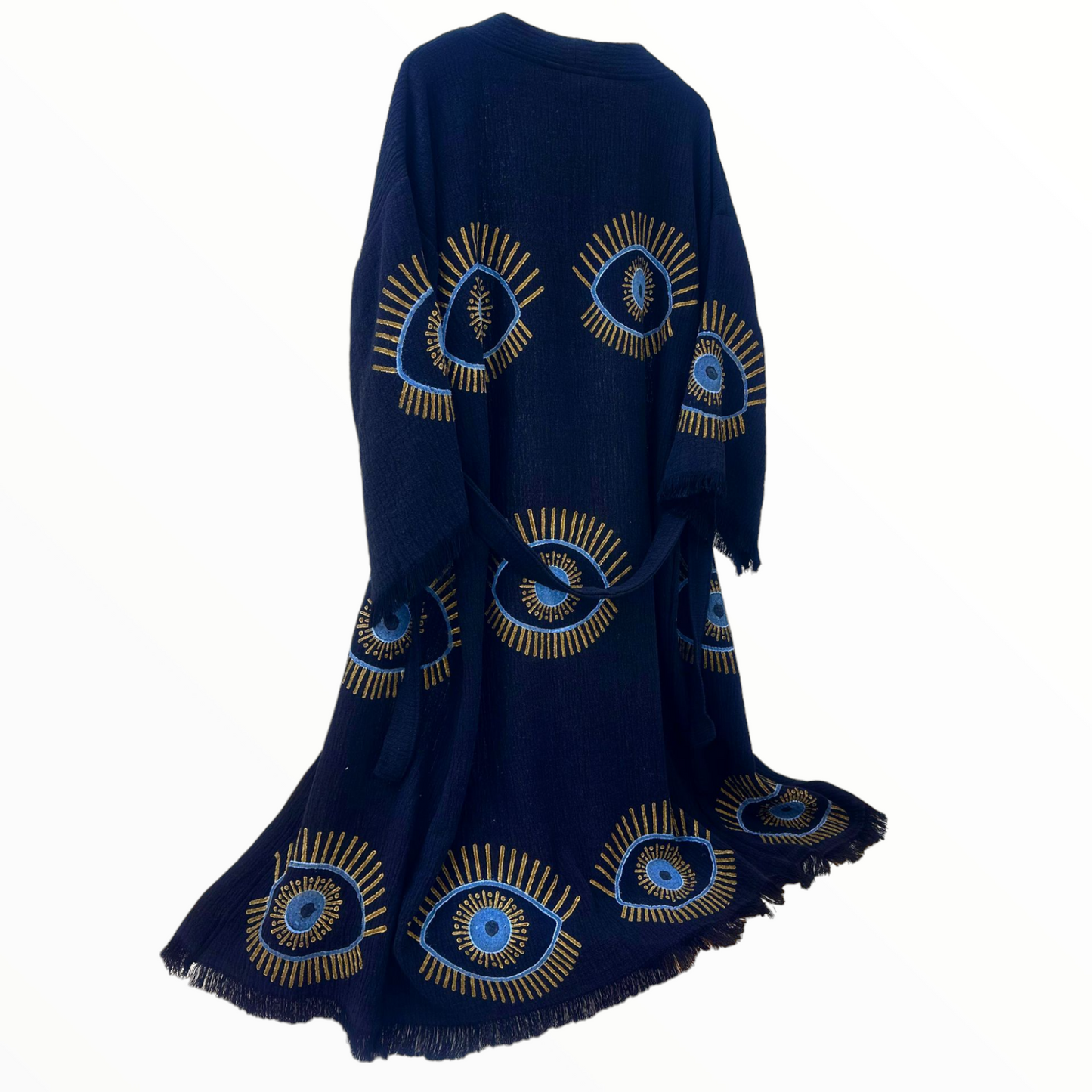 Hand-Made Block Print Evil Eye Turkish Towel Kimono Robe Kaftan