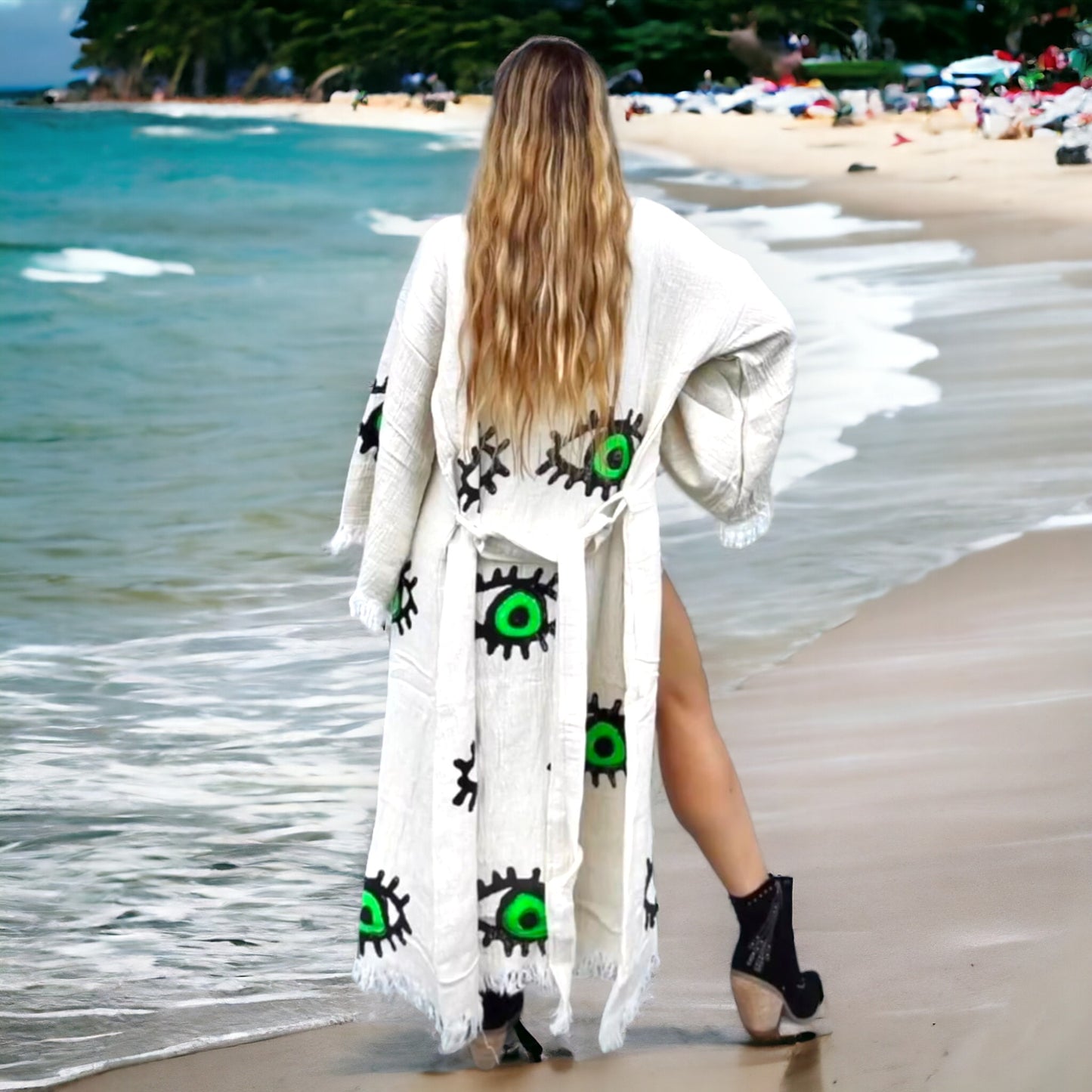 Hand-Made Block Print Green Evil Eye Design Turkish Towel Kimono Robe Kaftan