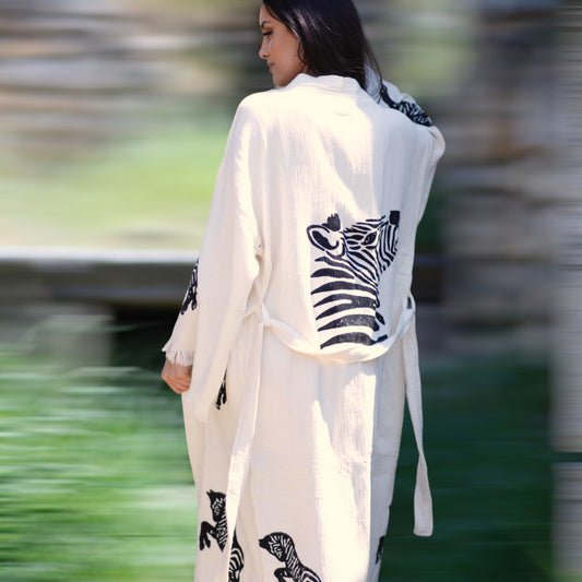 Hand-Made Block Print Turkish Towel Zebra Design Kimono Robe Kaftan
