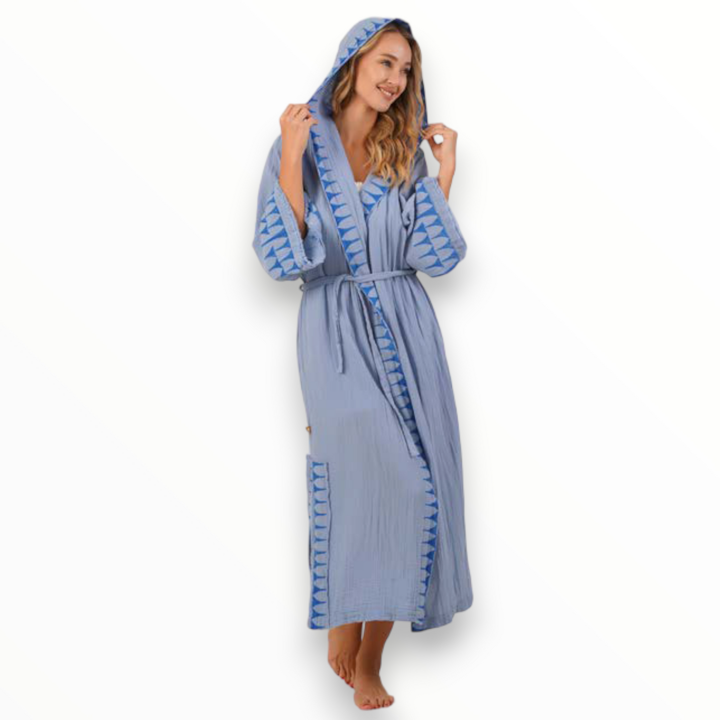 Hand-Woven Block Print Natural Cotton Kimono Robe with Hood