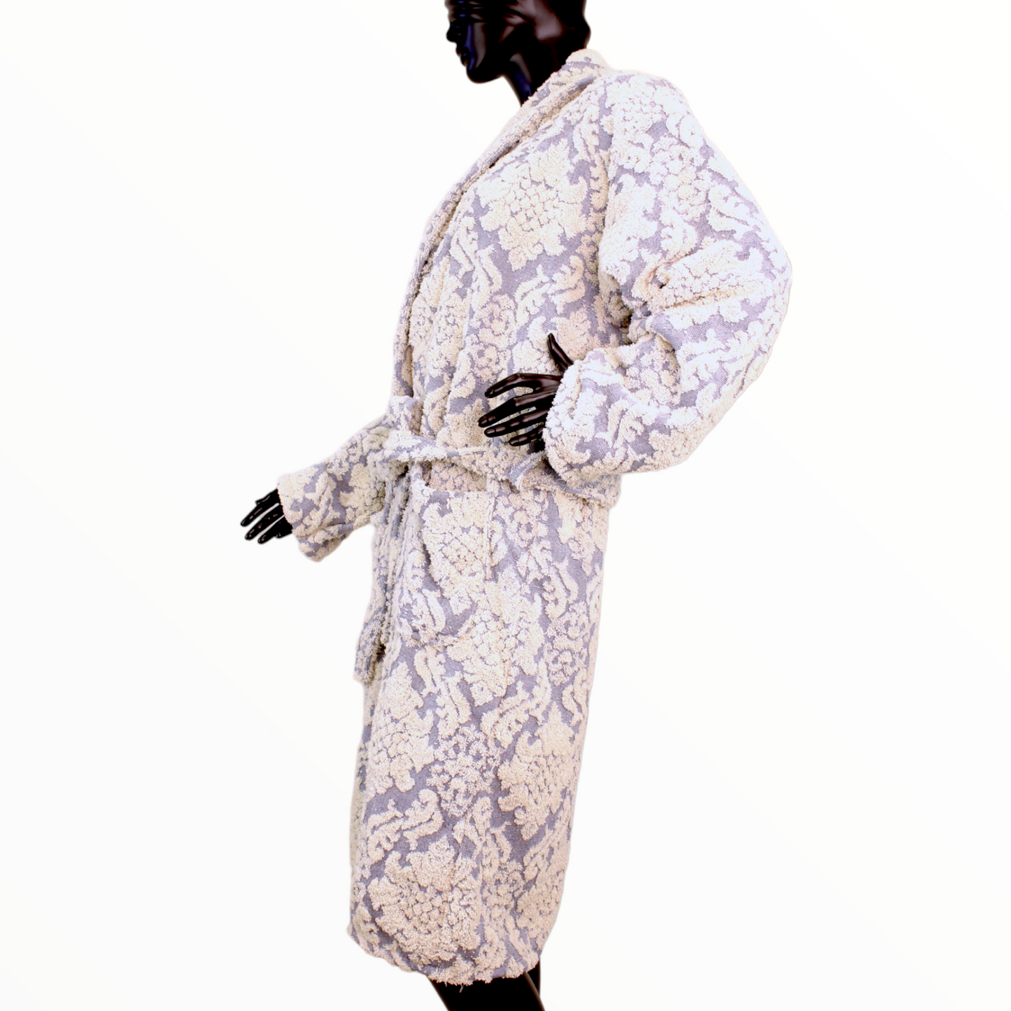 Hand-Woven Hand-Made Indigo Damascus Design Turkish Terry Towel Bathrobe