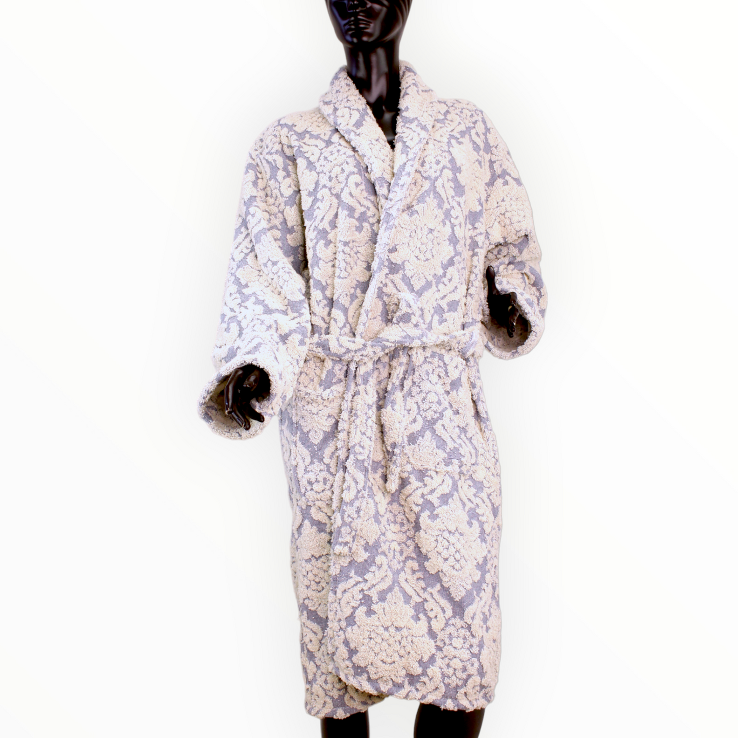 Hand-Woven Hand-Made Indigo Damascus Design Turkish Terry Towel Bathrobe