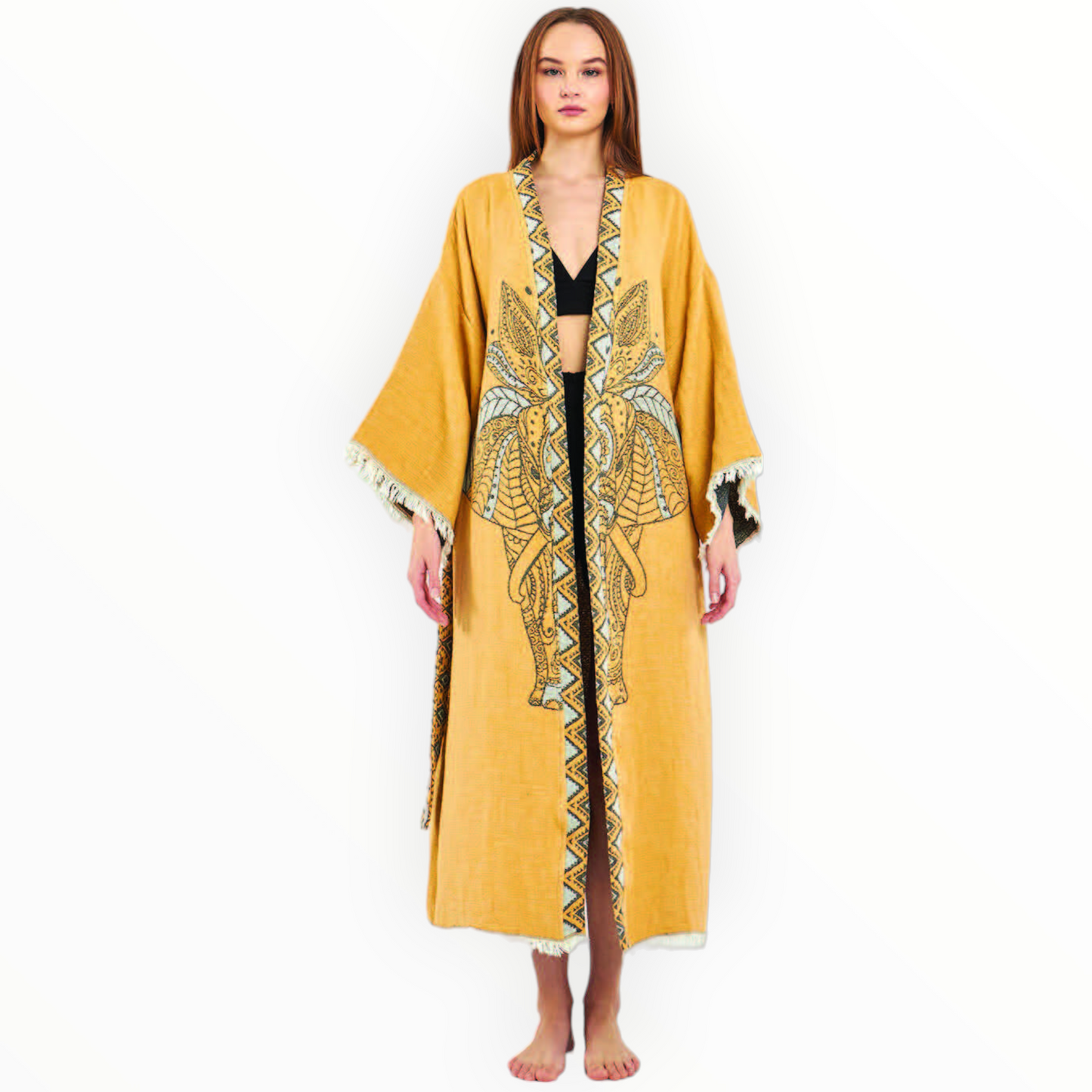 Hand-Woven Hand-Made Natural Cotton Turkish Towel Kimono Kaftan with an Elephant Design