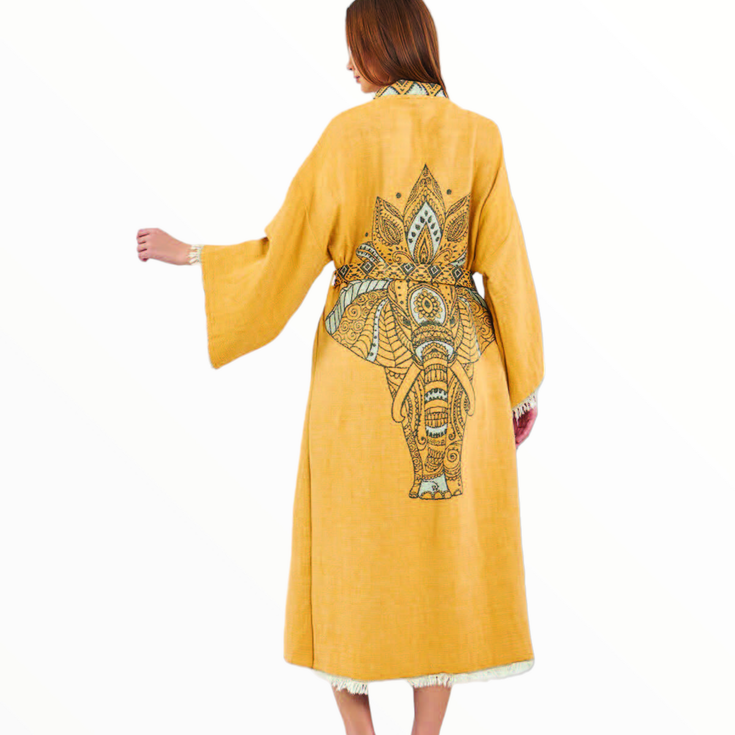 Hand-Woven Hand-Made Natural Cotton Turkish Towel Kimono Kaftan with an Elephant Design
