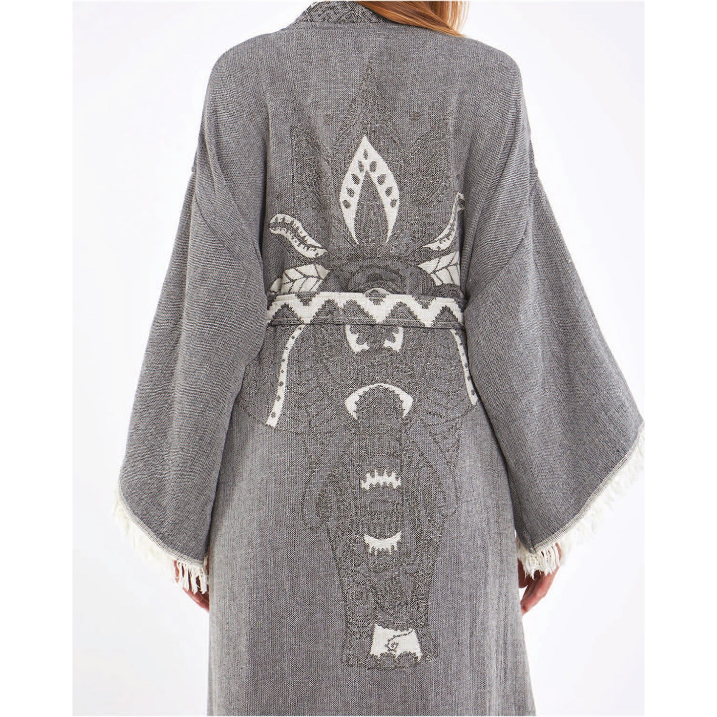 Hand-Woven Hand-Made Natural Cotton Turkish Towel Kimono Kaftan with an Elephant Design