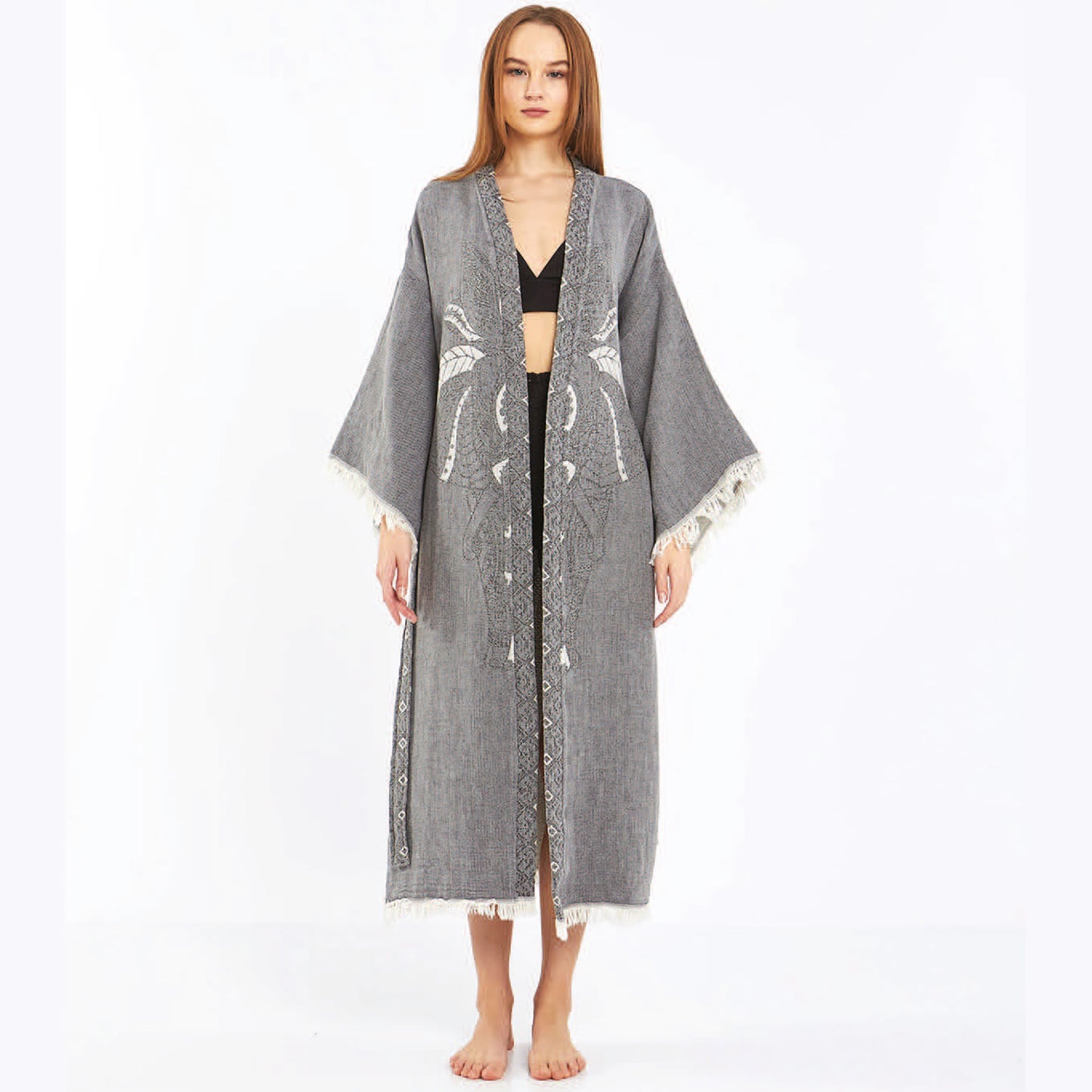 Hand-Woven Hand-Made Natural Cotton Turkish Towel Kimono Kaftan with an Elephant Design