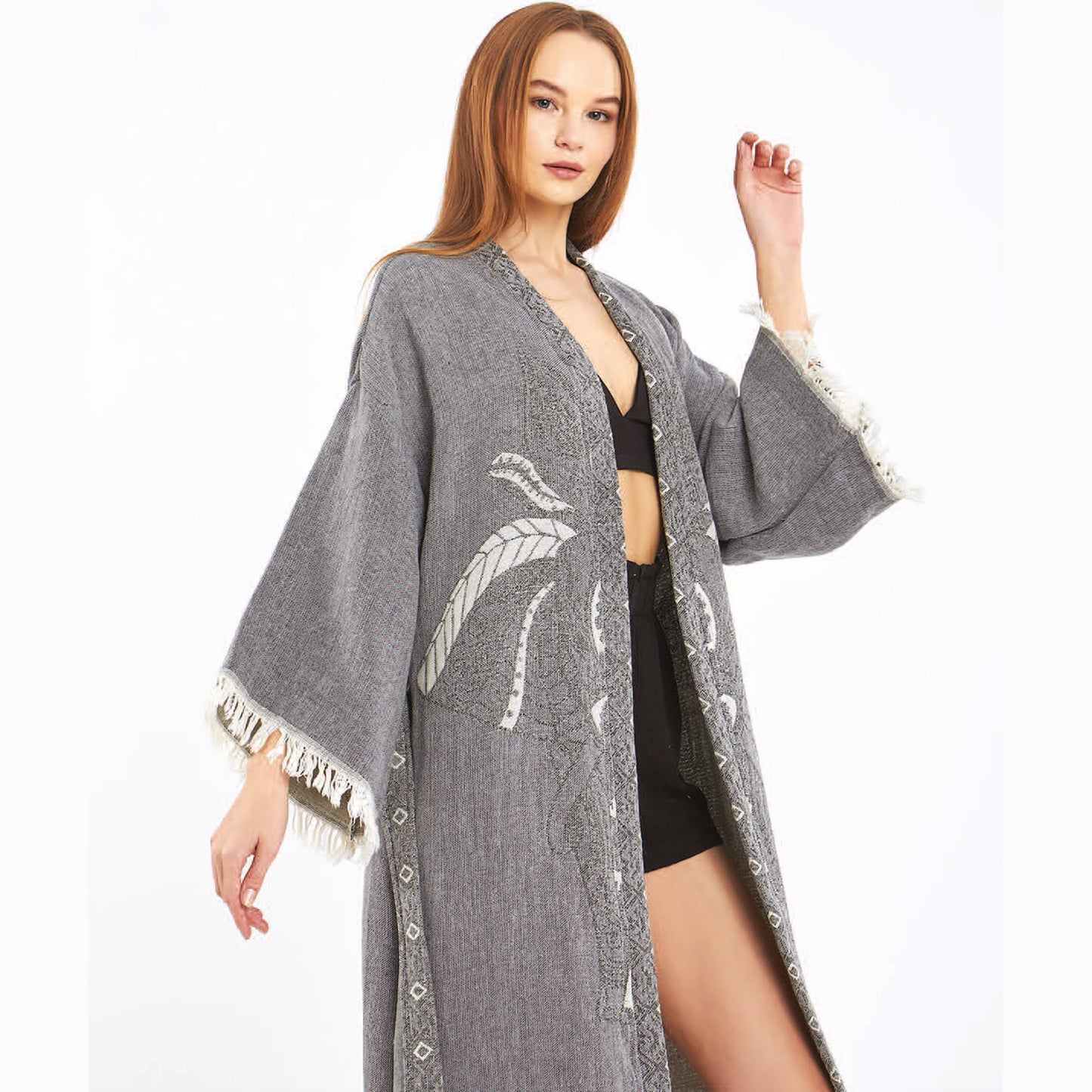 Hand-Woven Hand-Made Natural Cotton Turkish Towel Kimono Kaftan with an Elephant Design