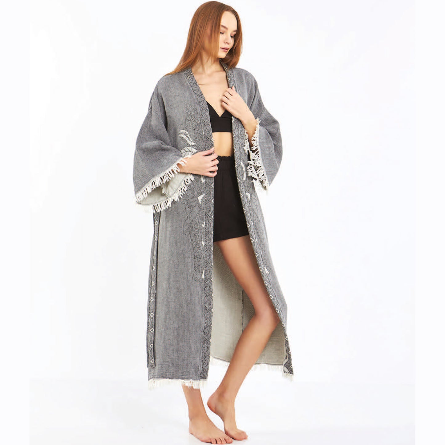 Hand-Woven Hand-Made Natural Cotton Turkish Towel Kimono Kaftan with an Elephant Design