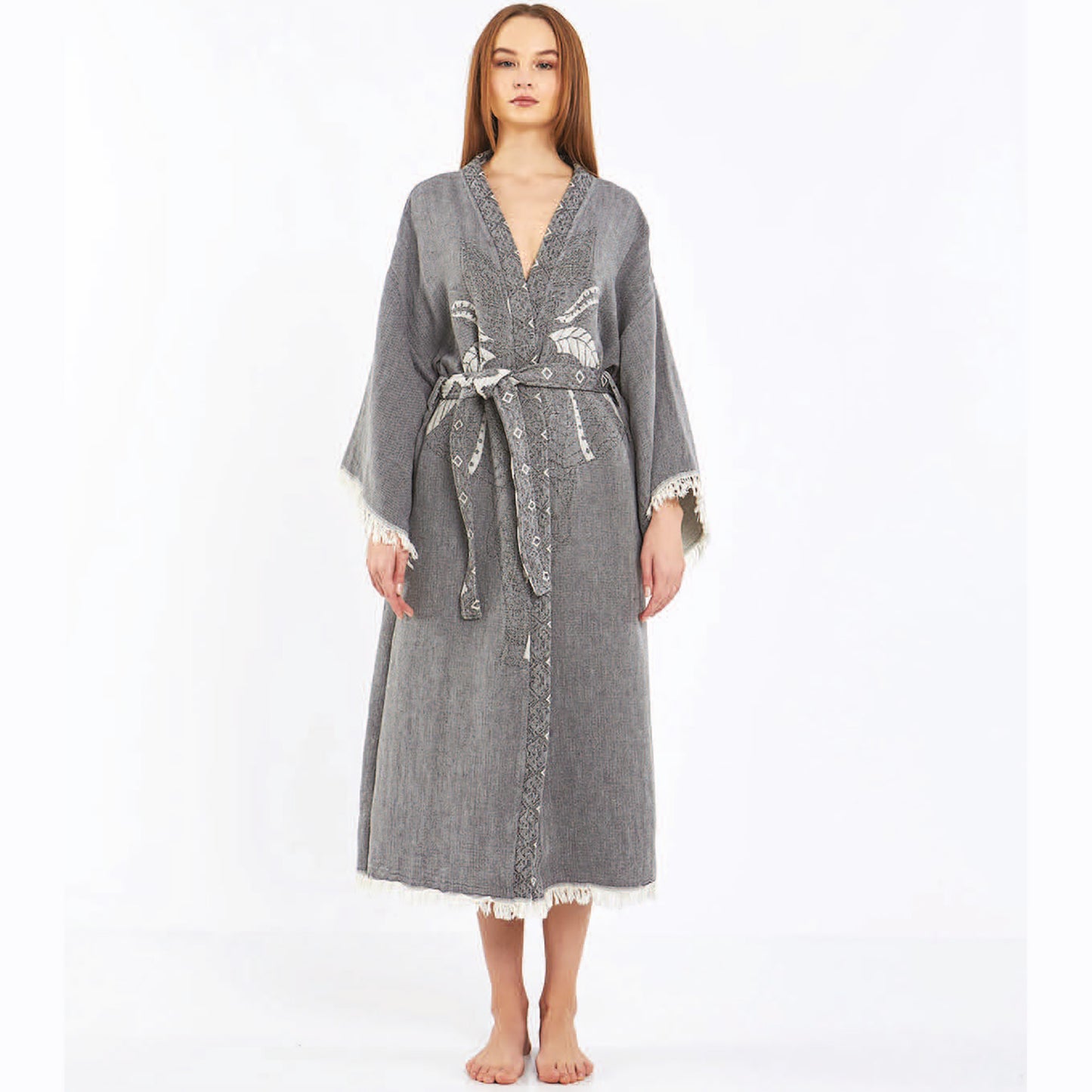 Hand-Woven Hand-Made Natural Cotton Turkish Towel Kimono Kaftan with an Elephant Design