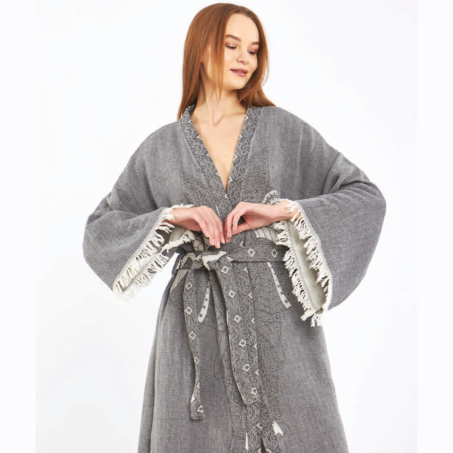 Hand-Woven Hand-Made Natural Cotton Turkish Towel Kimono Kaftan with an Elephant Design