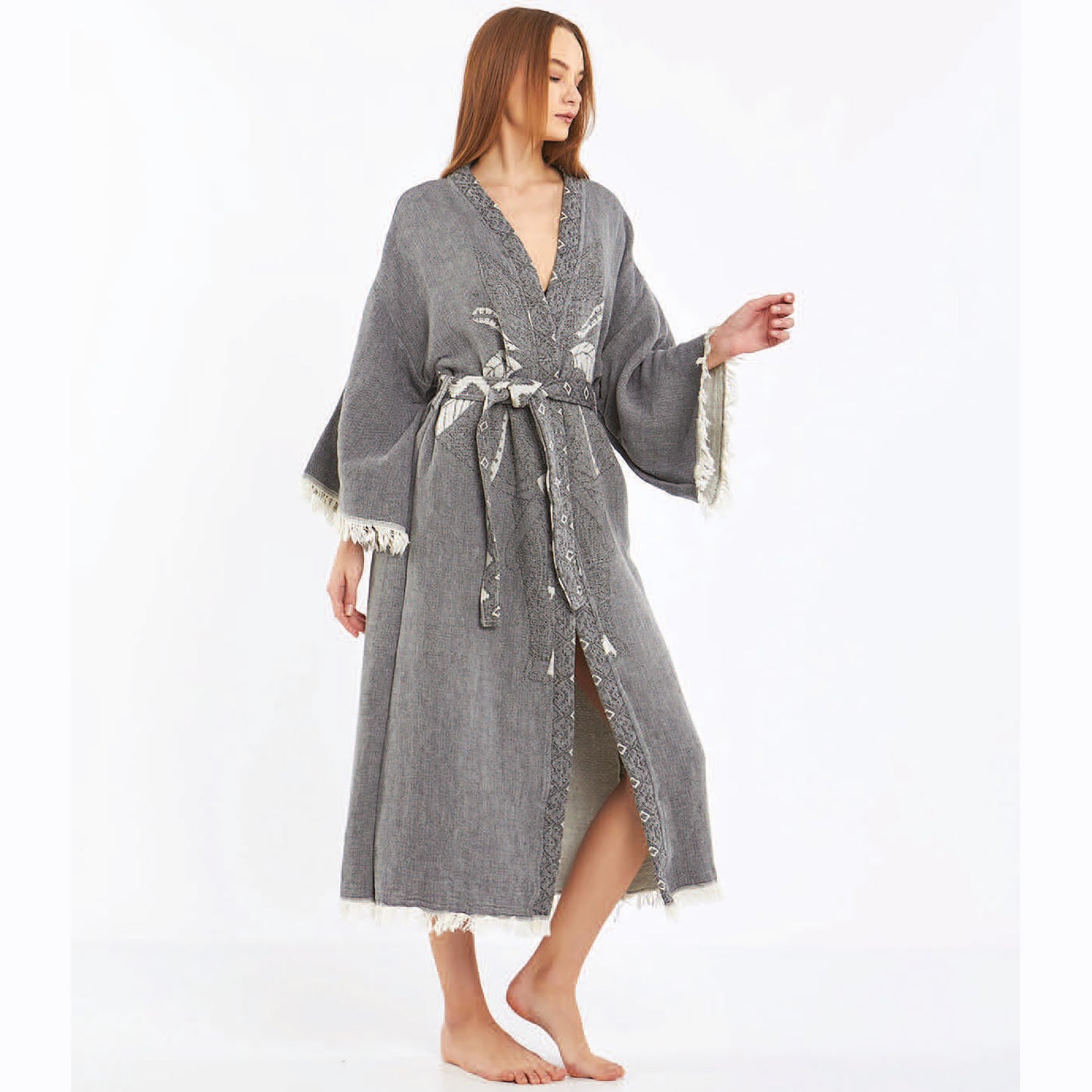 Hand-Woven Hand-Made Natural Cotton Turkish Towel Kimono Kaftan with an Elephant Design