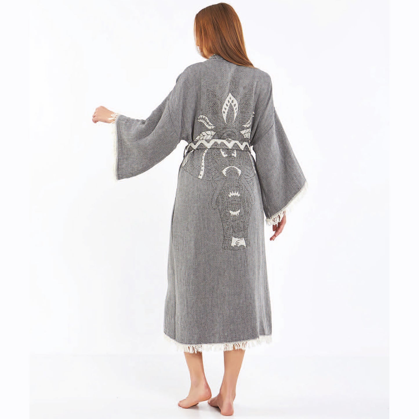 Hand-Woven Hand-Made Natural Cotton Turkish Towel Kimono Kaftan with an Elephant Design