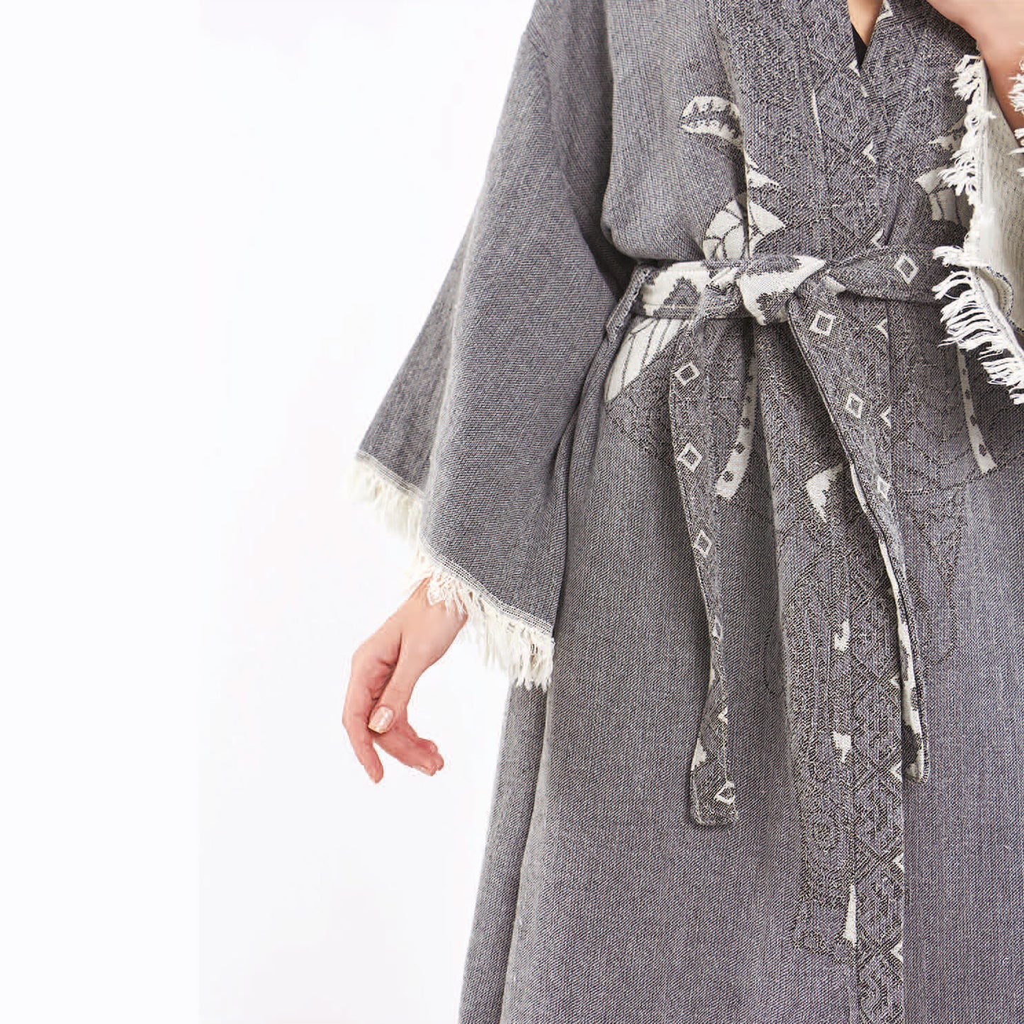 Hand-Woven Hand-Made Natural Cotton Turkish Towel Kimono Kaftan with an Elephant Design