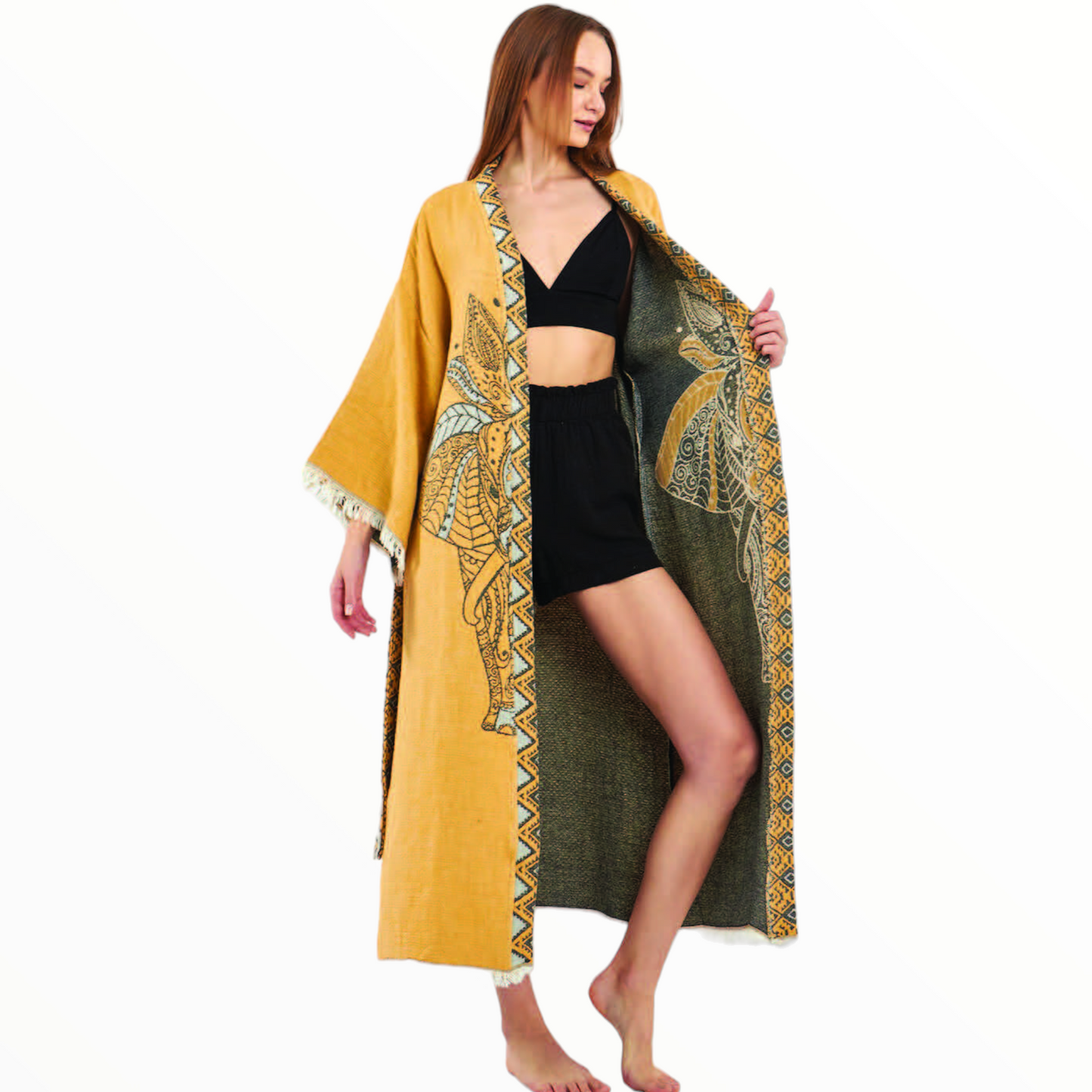 Hand-Woven Hand-Made Natural Cotton Turkish Towel Kimono Kaftan with an Elephant Design