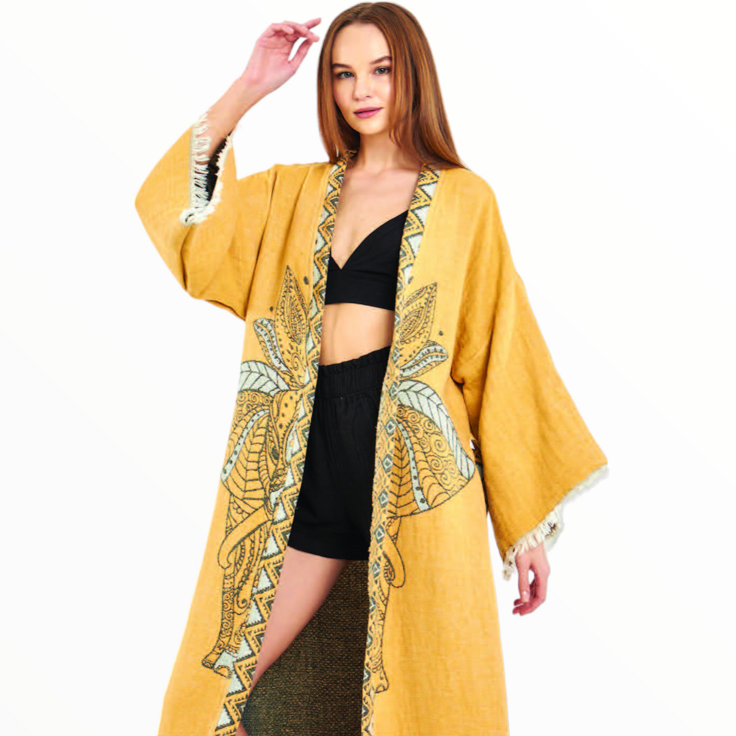 Hand-Woven Hand-Made Natural Cotton Turkish Towel Kimono Kaftan with an Elephant Design