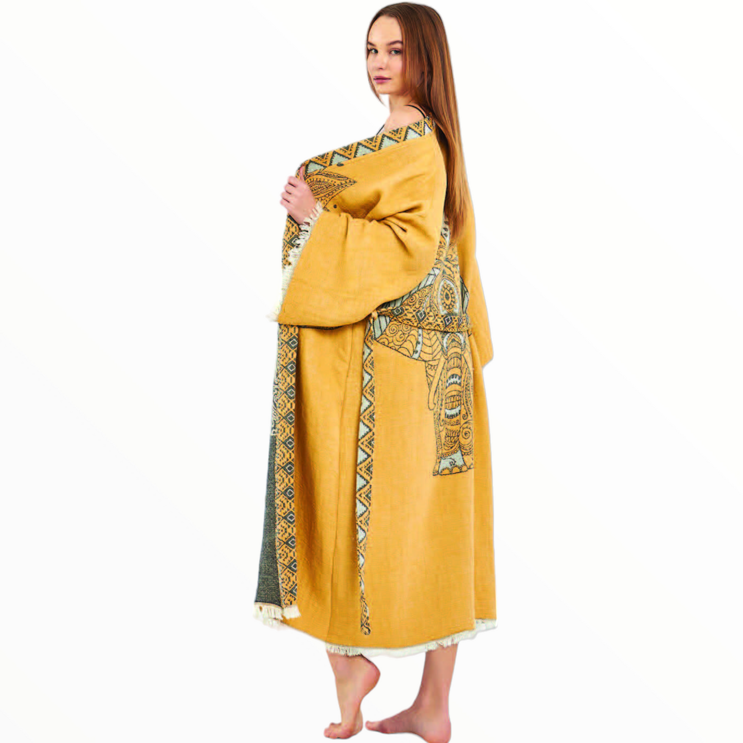 Hand-Woven Hand-Made Natural Cotton Turkish Towel Kimono Kaftan with an Elephant Design