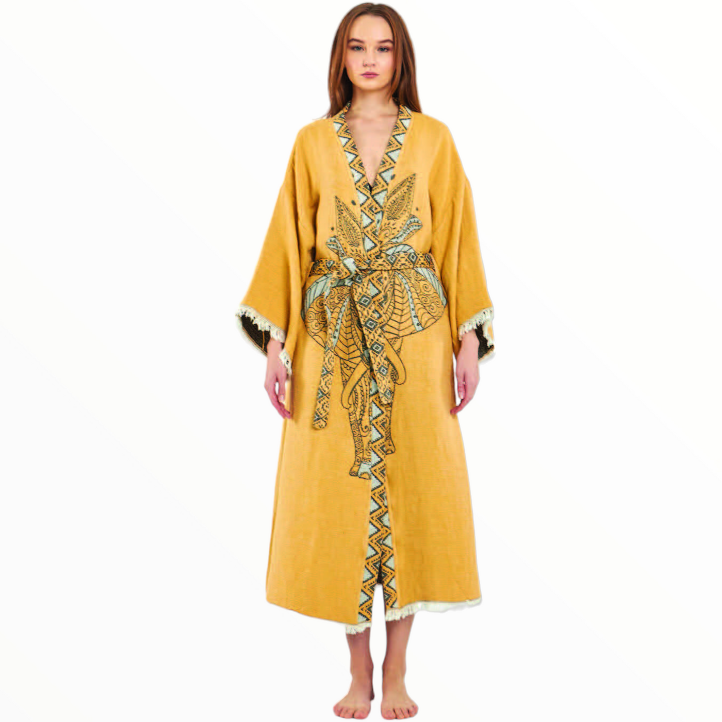Hand-Woven Hand-Made Natural Cotton Turkish Towel Kimono Kaftan with an Elephant Design
