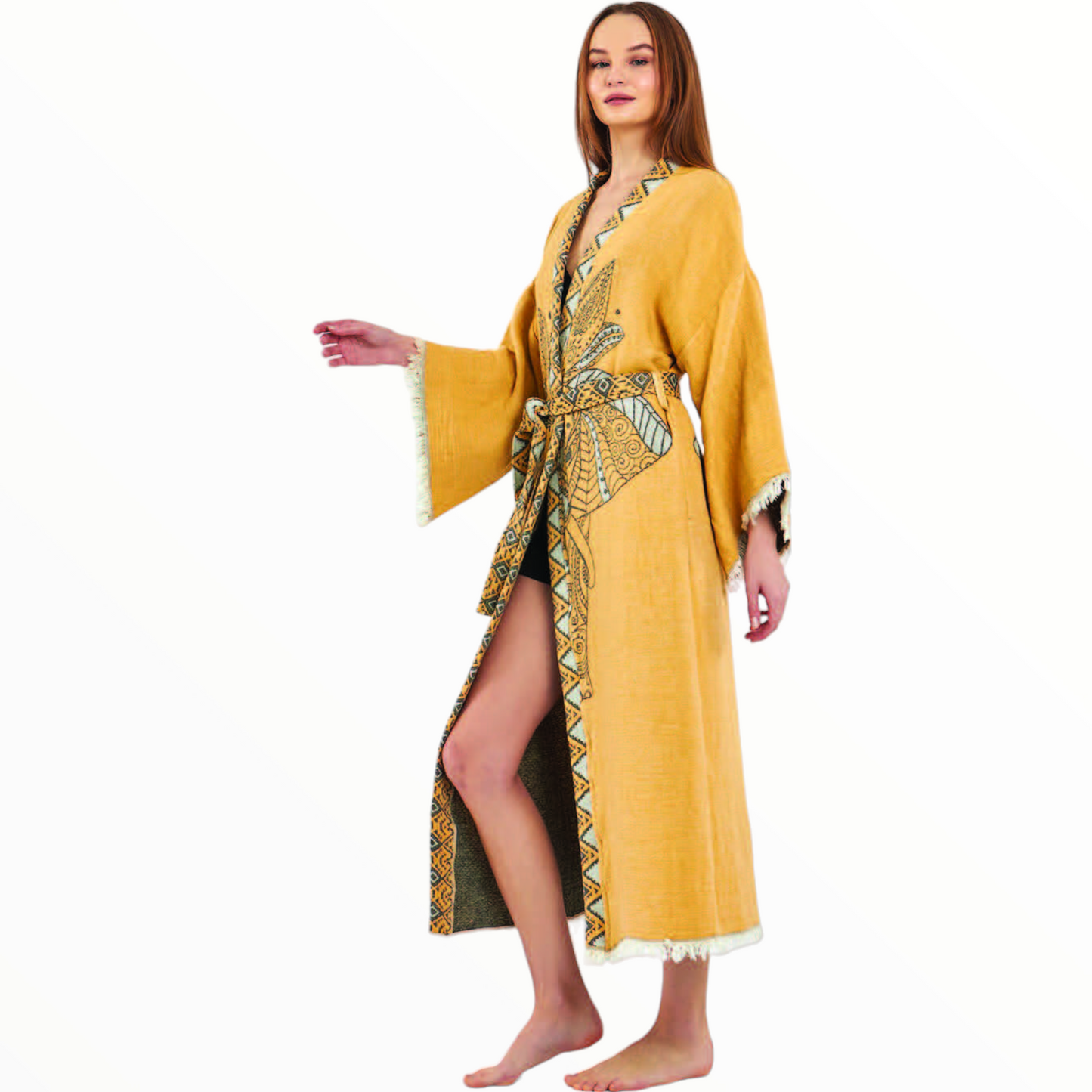 Hand-Woven Hand-Made Natural Cotton Turkish Towel Kimono Kaftan with an Elephant Design