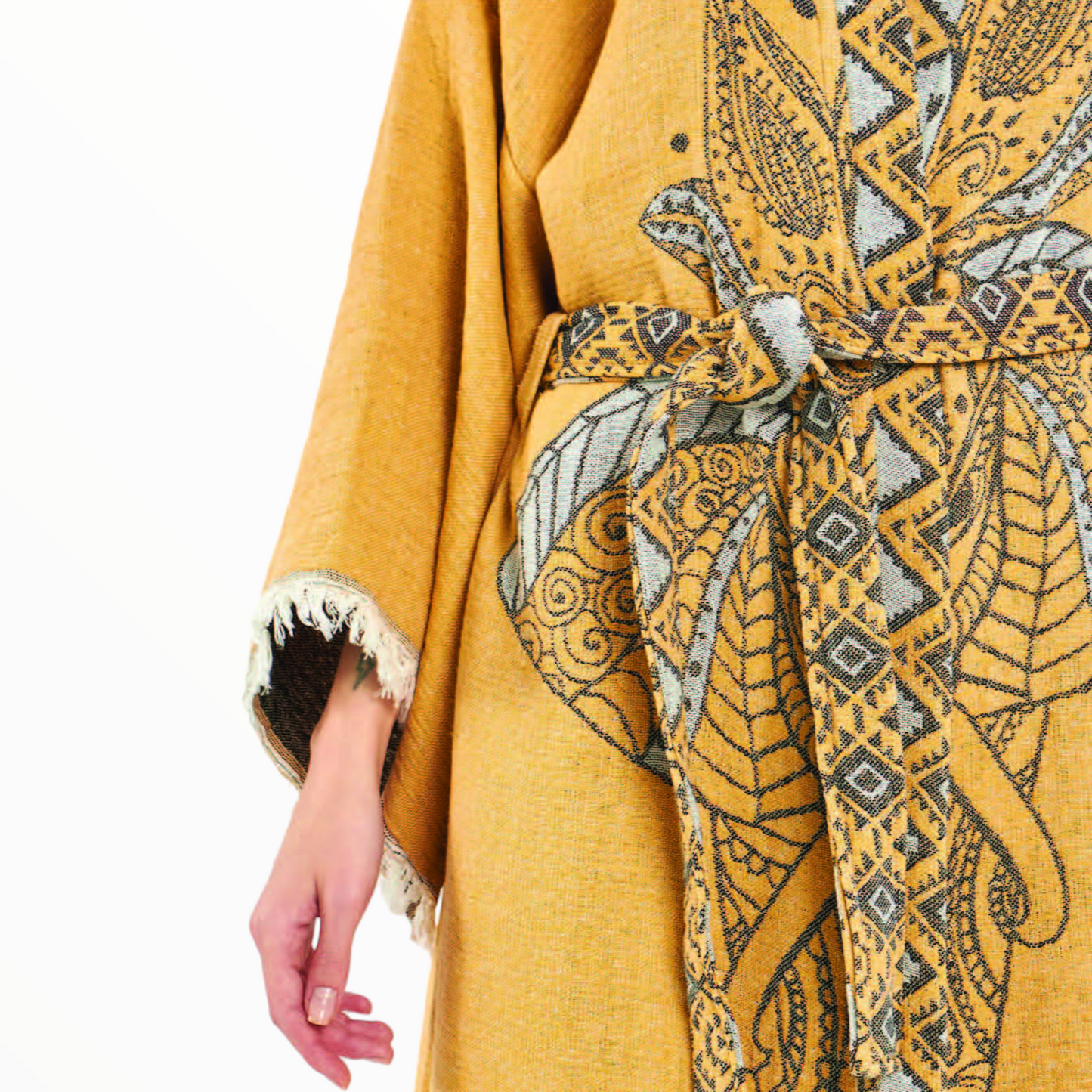 Hand-Woven Hand-Made Natural Cotton Turkish Towel Kimono Kaftan with an Elephant Design