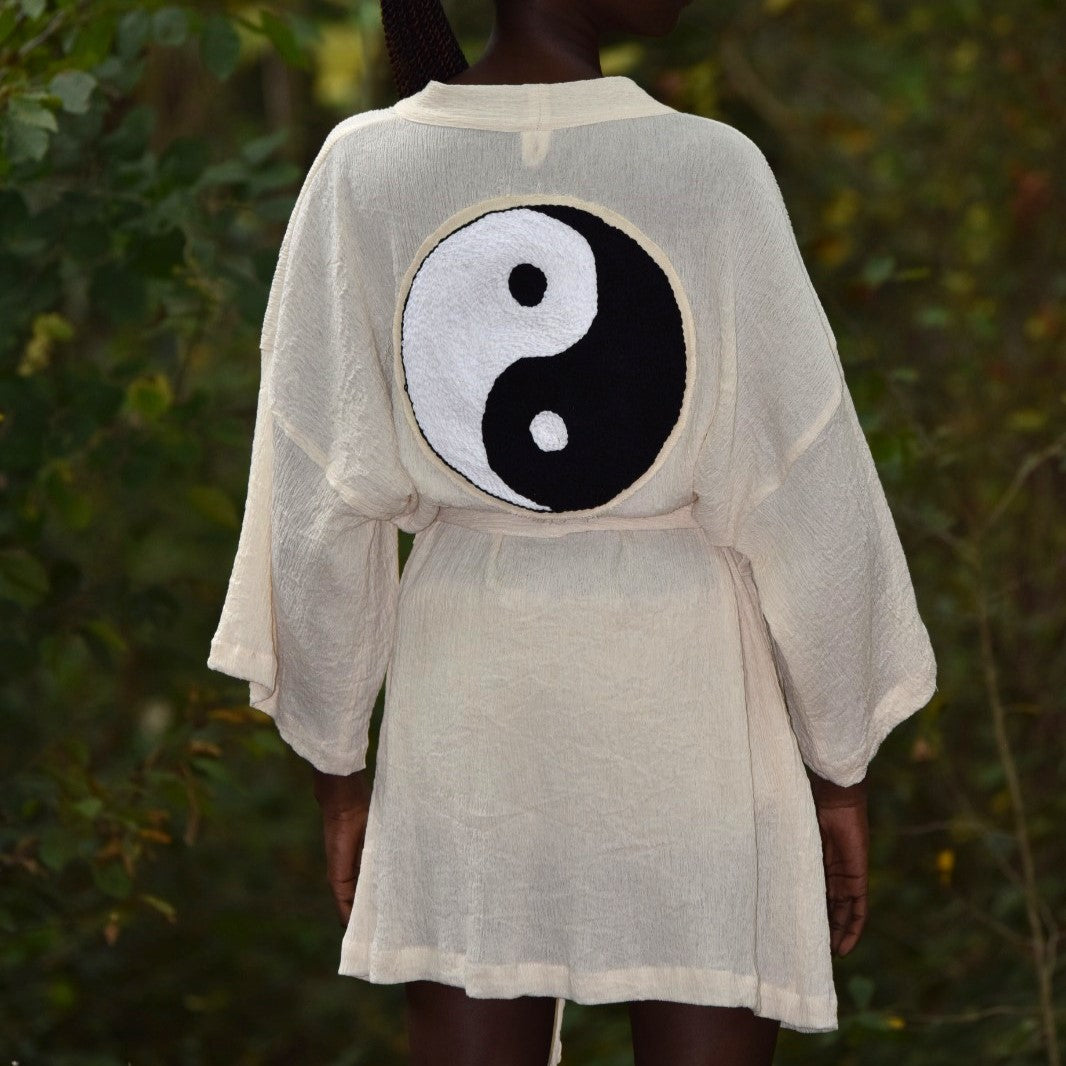 Hand-Woven Handmade Yin Yang Symbol Needle Punch Kimono Kaftan