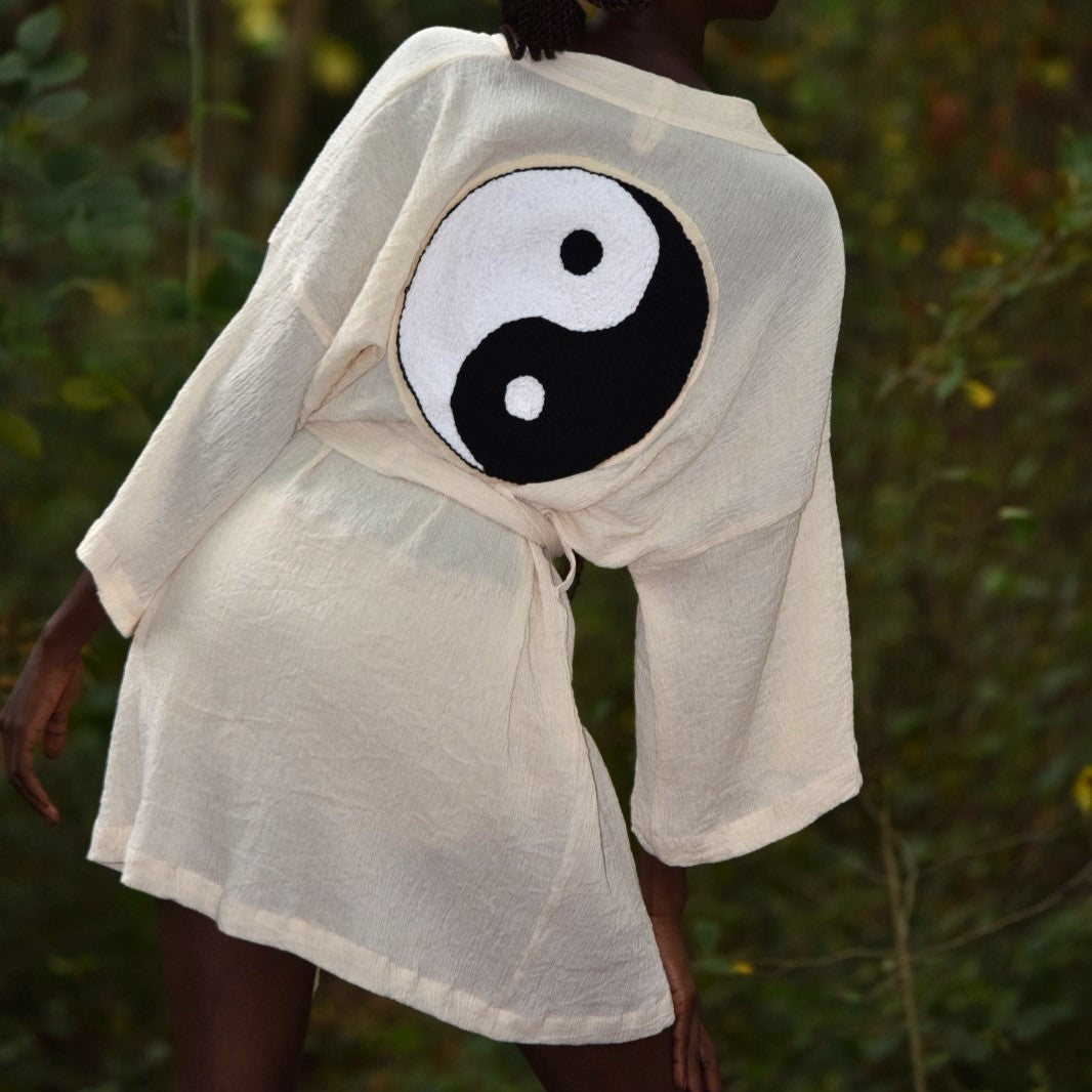 Hand-Woven Handmade Yin Yang Symbol Needle Punch Kimono Kaftan