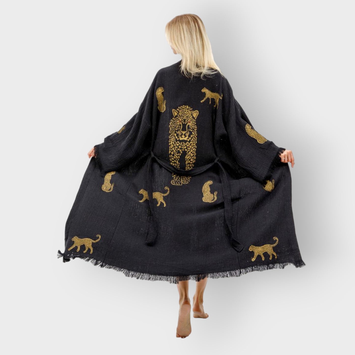 Hand-Woven Natural Turkish Cotton Black Leopard Design Kimono Robe