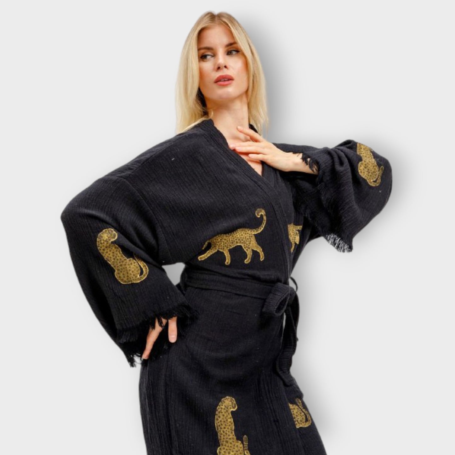 Hand-Woven Natural Turkish Cotton Black Leopard Design Kimono Robe