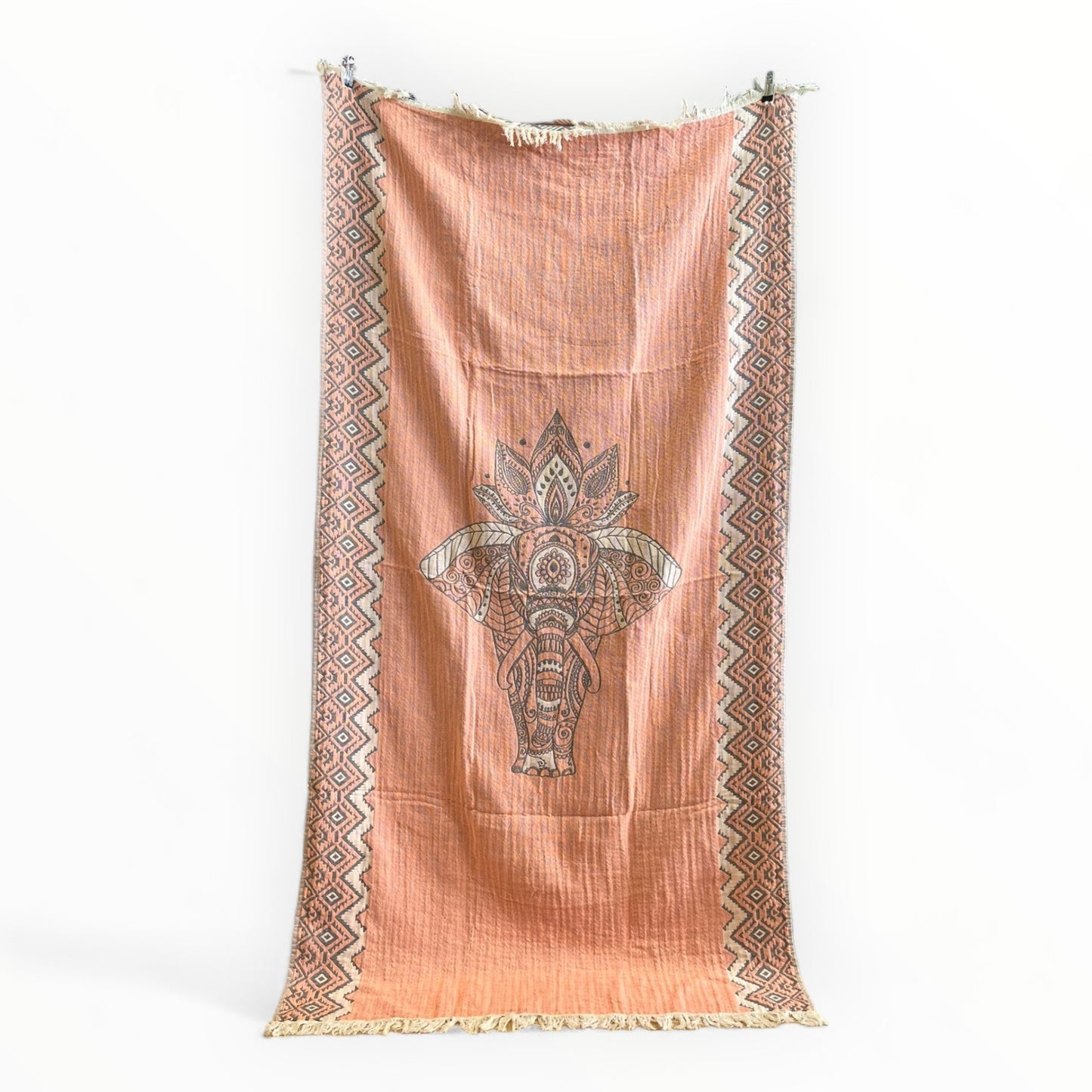 Hand-Woven Three Layers Natural Cotton Turkish Towel Pestemal with Elephant Design