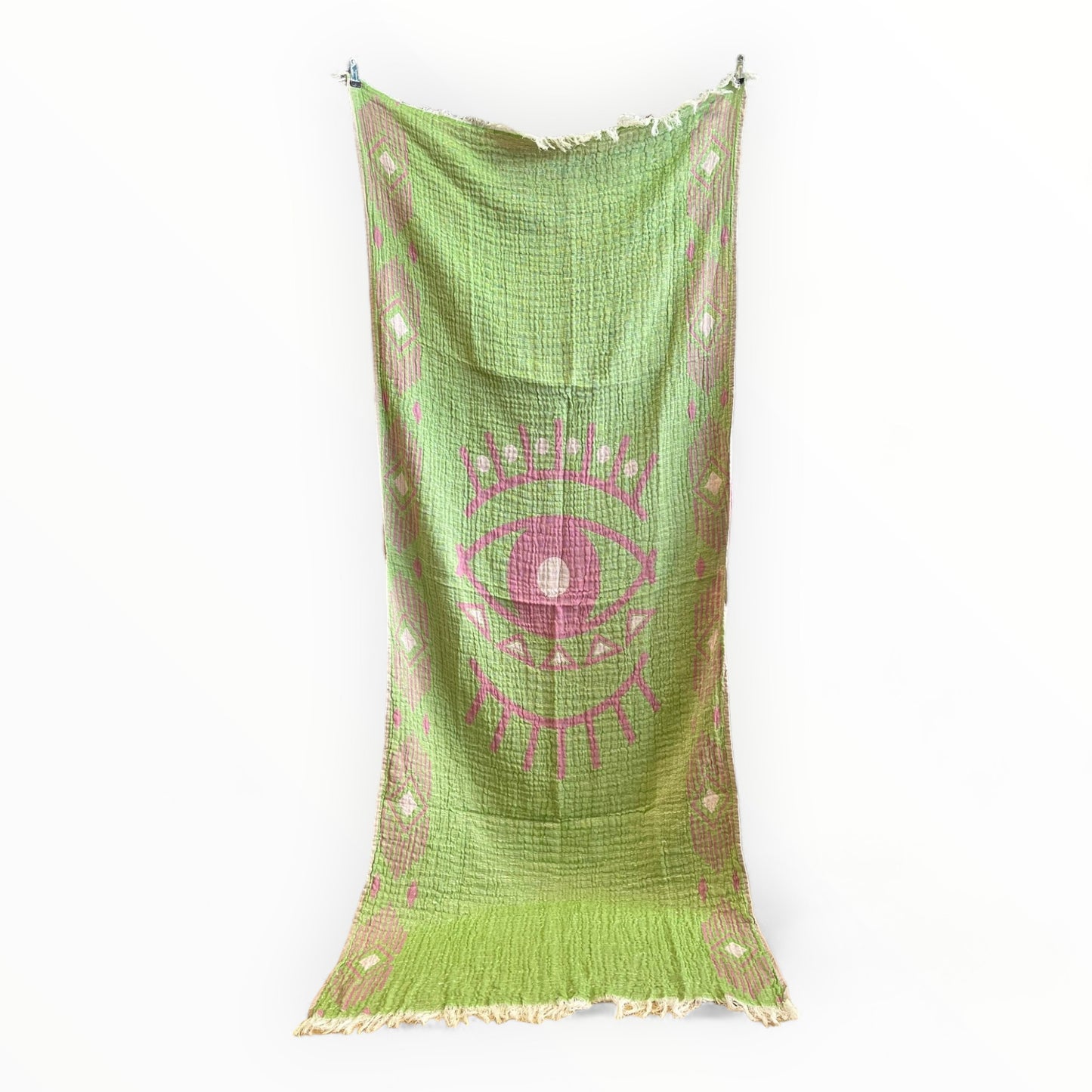 Hand-Woven Three Layers Natural Cotton Turkish Towel Pestemal with Nazar Eye Design