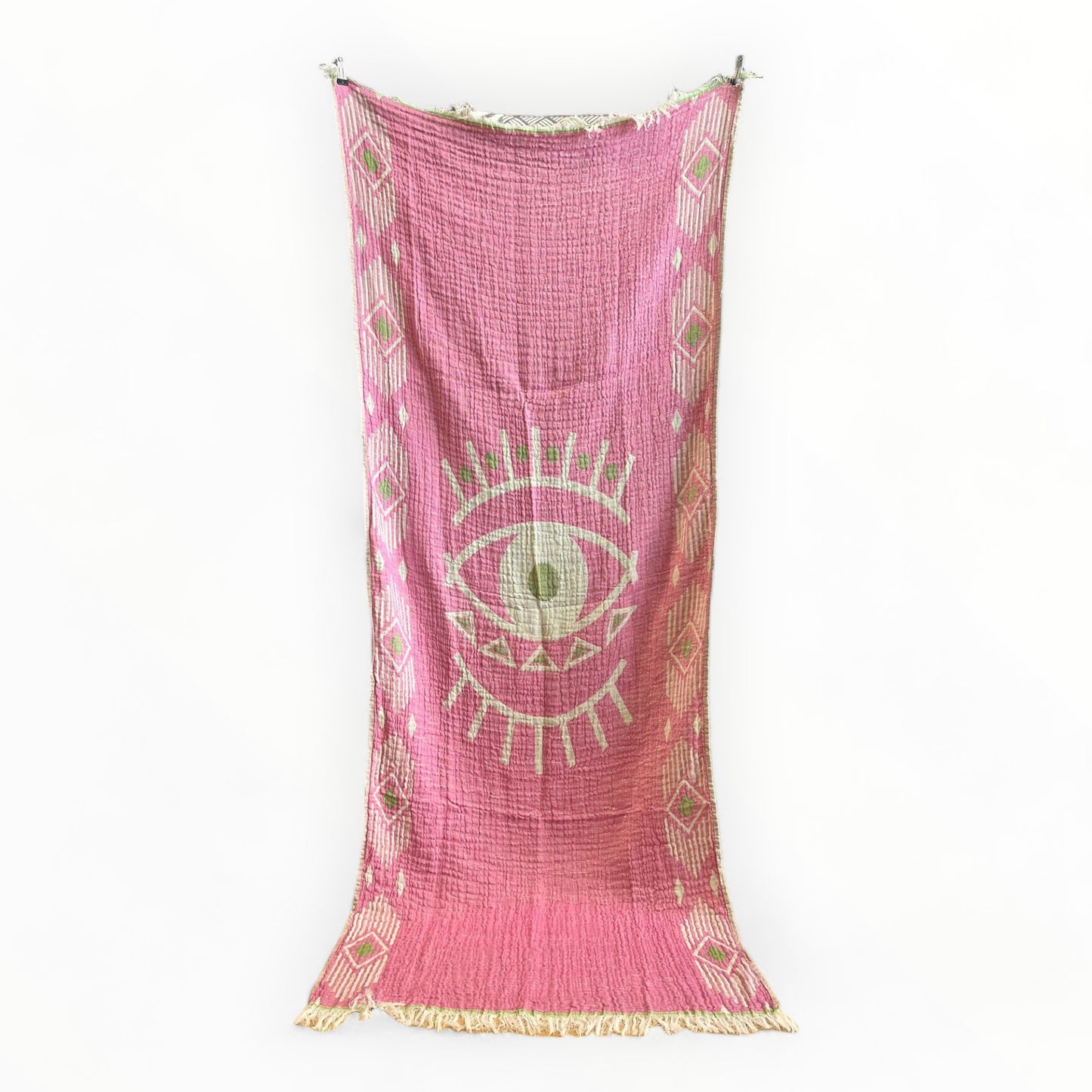 Hand-Woven Three Layers Natural Cotton Turkish Towel Pestemal with Nazar Eye Design
