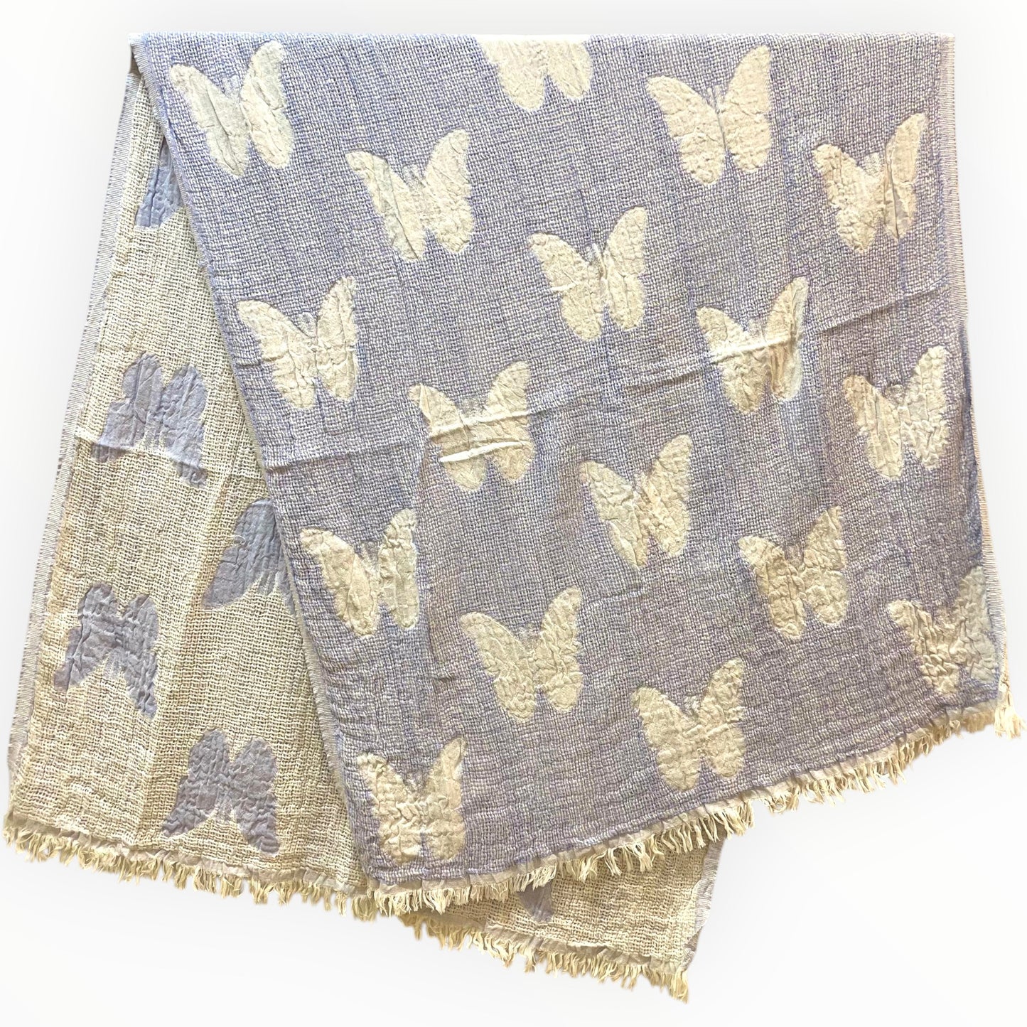 Handmade handwoven natural cotton muslin Turkish towel in blue with white butterfly design