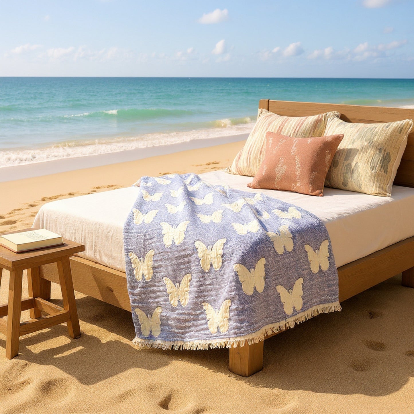 Handmade handwoven natural cotton muslin Turkish towel in blue with white butterfly design, displayed on a beach bed