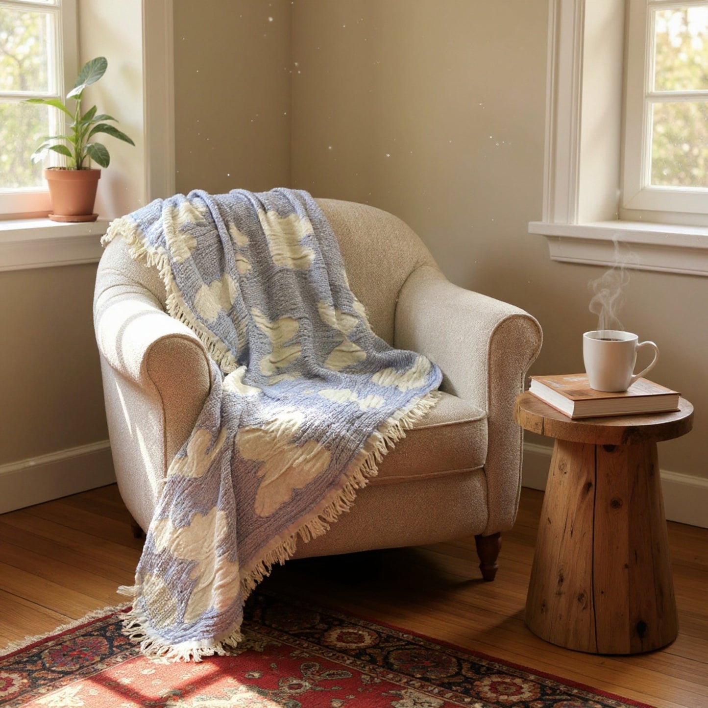 Cozy living room with a beige armchair covered by a Handmade handwoven natural cotton muslin Turkish towel in blue with white butterfly design a wooden side table with a mug and books, and a plant on a windowsill.