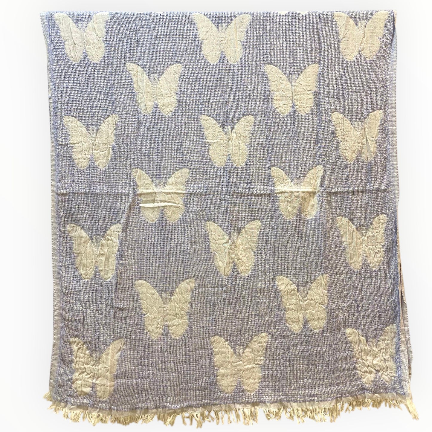 Handmade handwoven natural cotton muslin Turkish towel in blue with white butterfly design