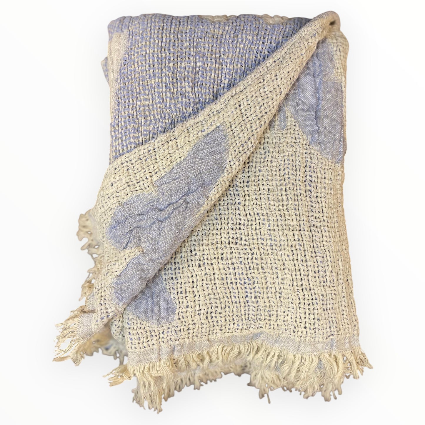 Handmade handwoven natural cotton muslin Turkish towel in blue with white butterfly design